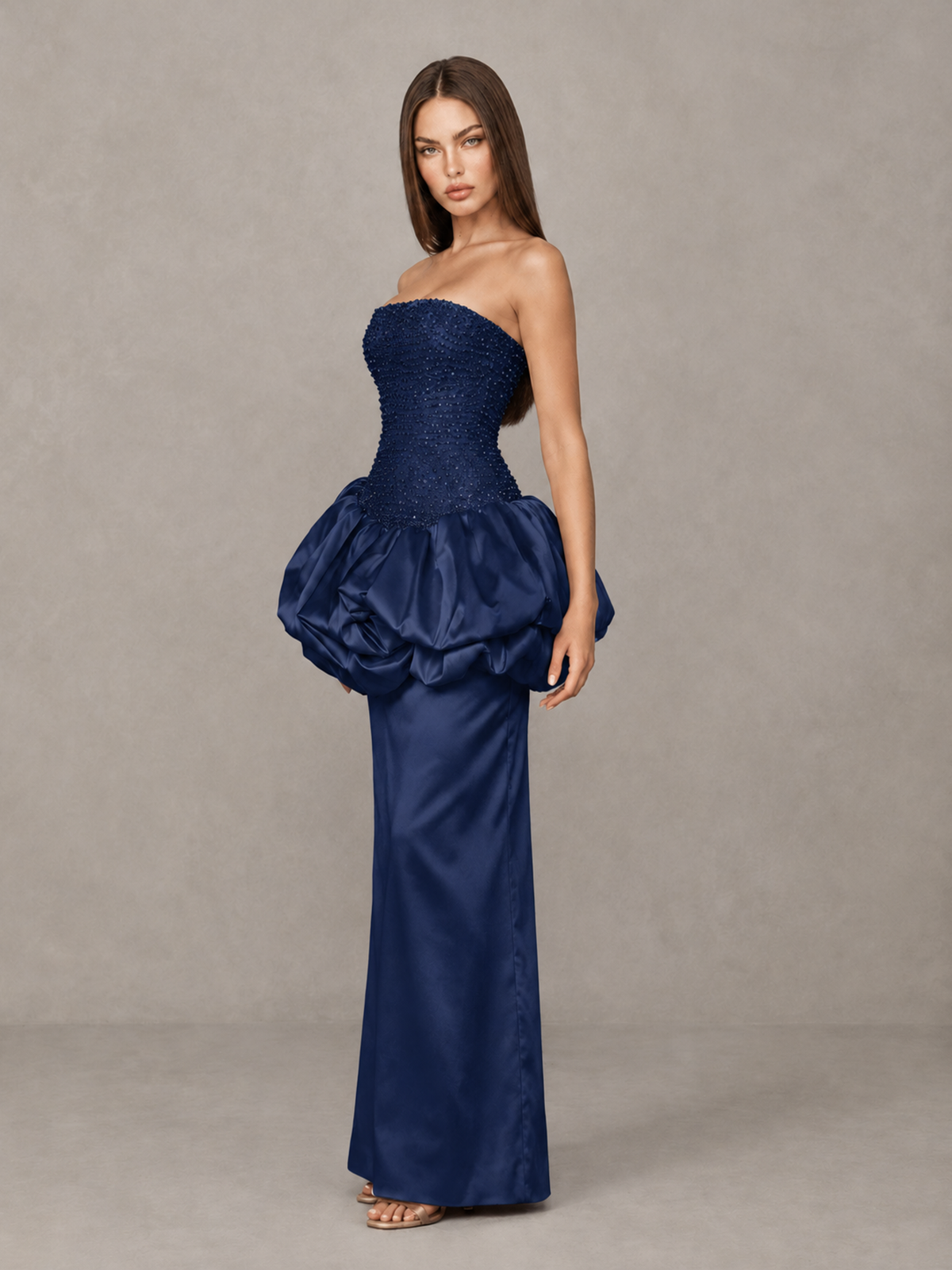 BOLODOO Navy Blue Strapless Embellished Bubble Peplum Evening Dress - Navy Blue - Navy Blue_3