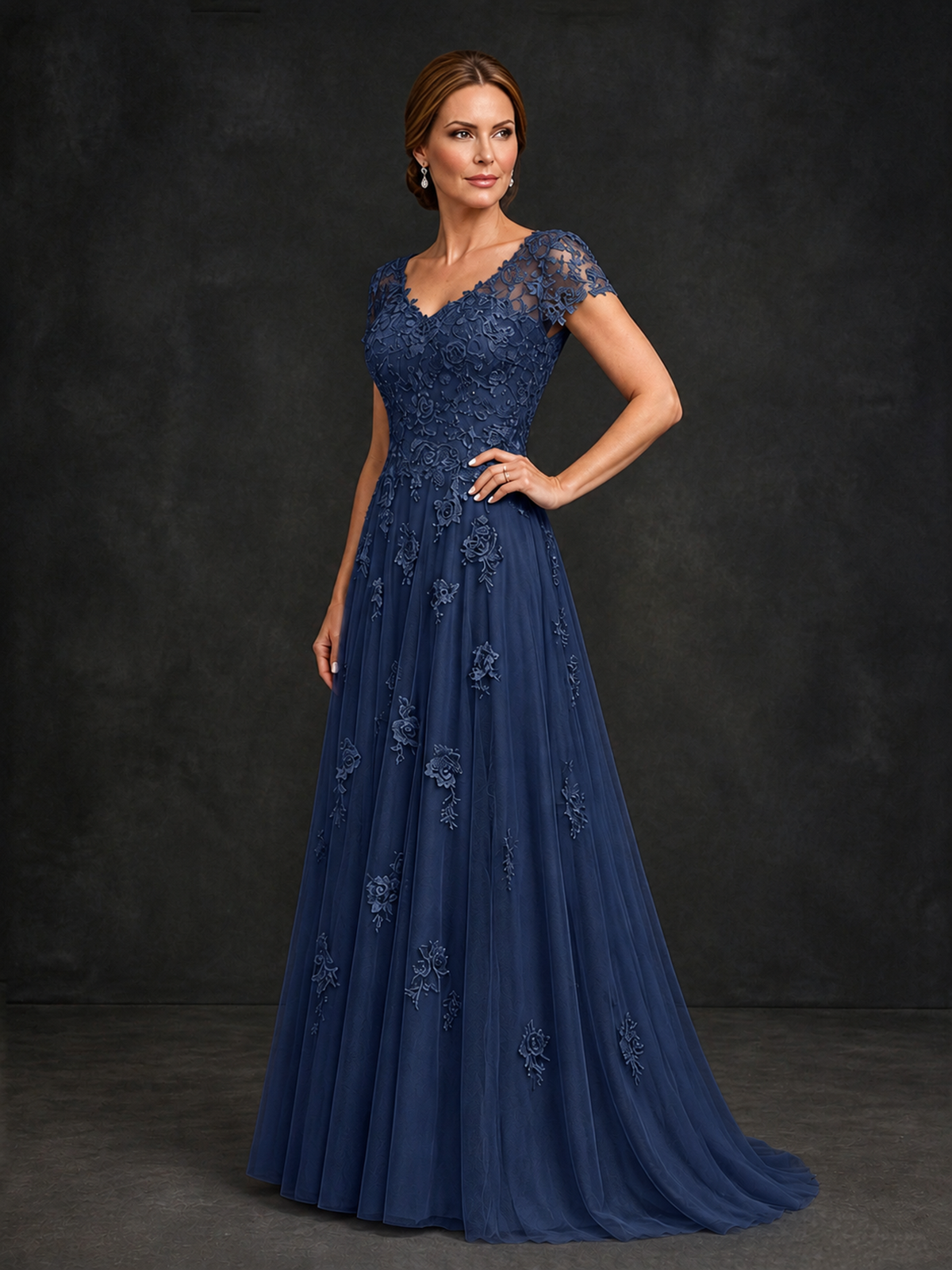 BOLODOO Navy Blue Cap Sleeve Lace Appliqué A-Line Formal Gown | Mother of the Bride Dress - Navy Blue - Navy Blue_3