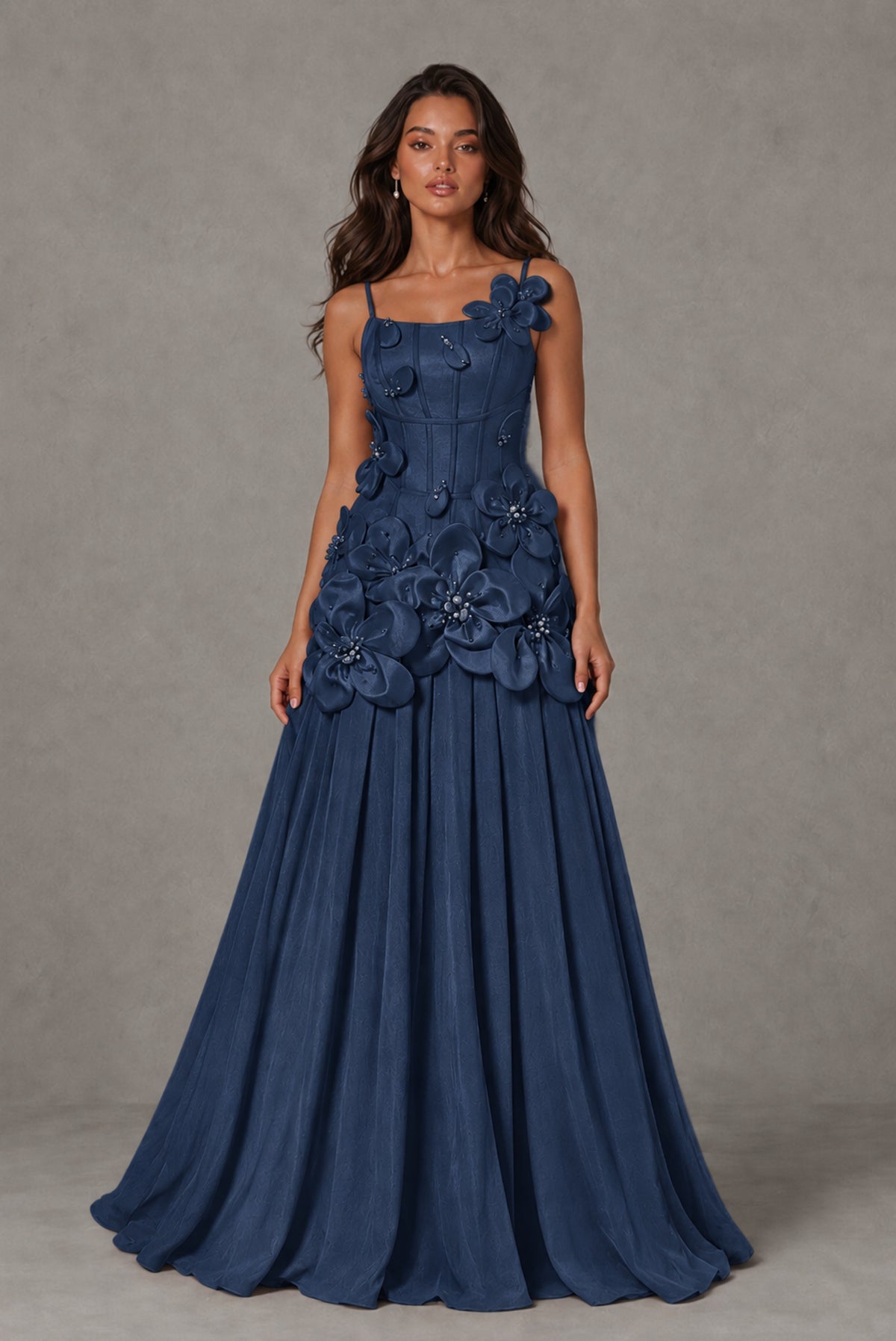 BOLODOO Navy Blue 3D Floral Appliqué Floor-Length A-Line Evening Gown - Navy Blue