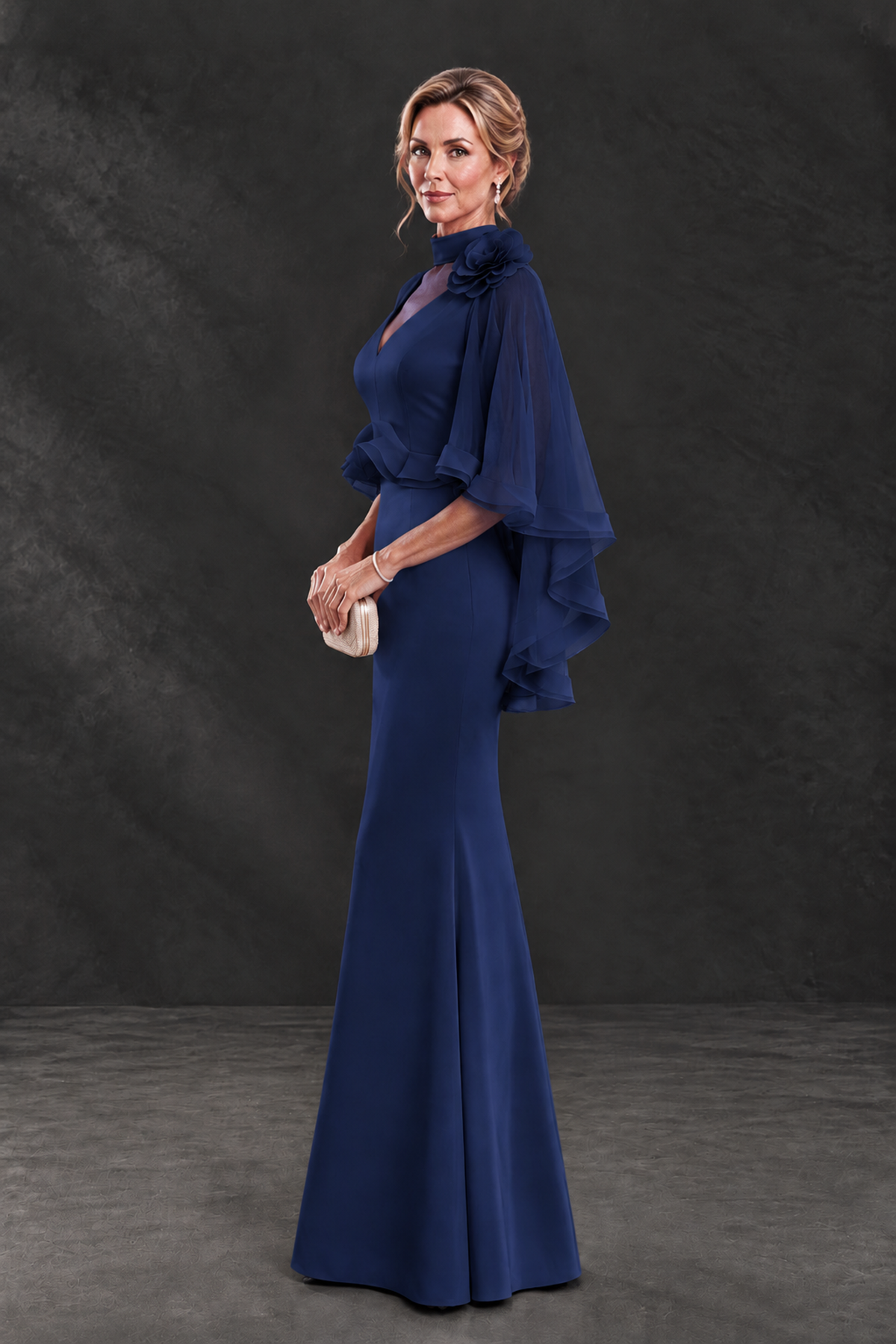 BOLODOO Navy Blue Floral Cape Sleeve Mother of the Bride Dress - Navy Blue - Navy_Blue_3