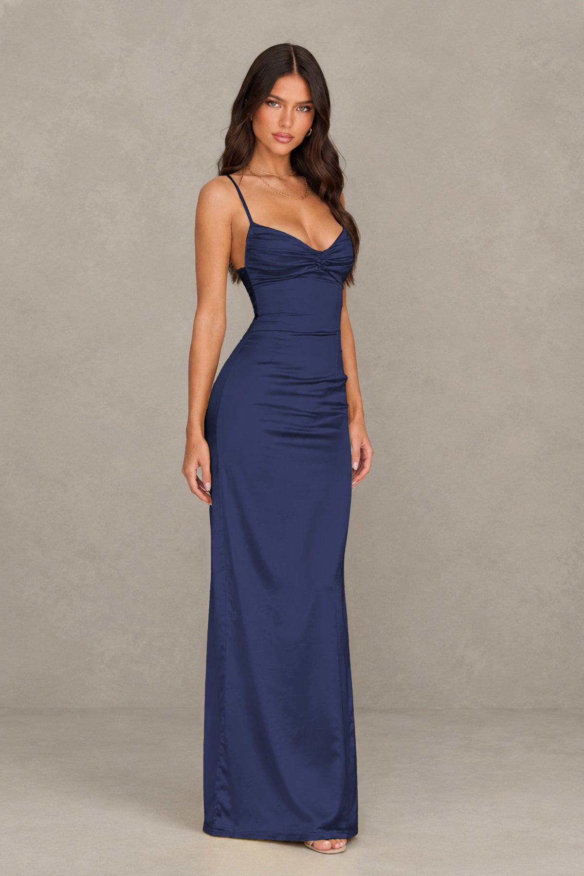 BOLODOO Navy Blue Satin Cowl Neck Open Back Mermaid Maxi Dress with Side Slit - Navy Blue