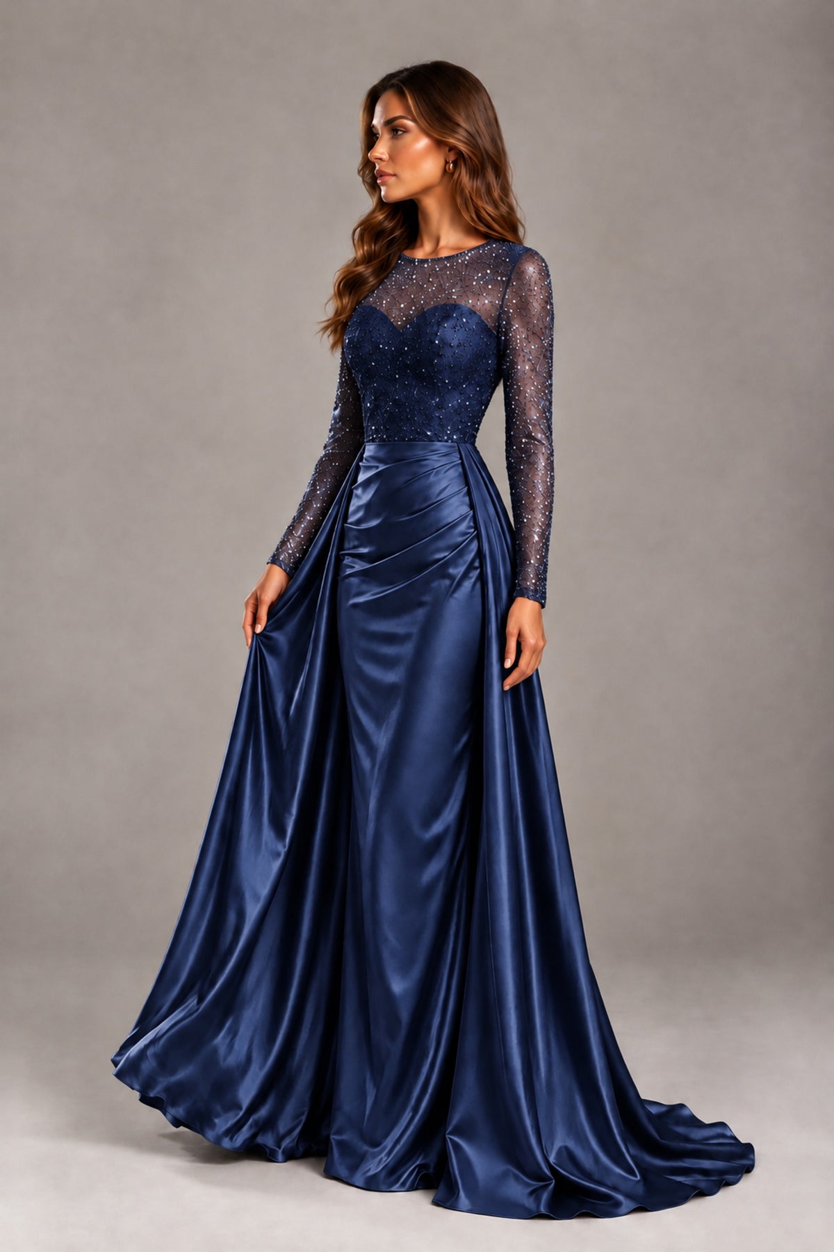BOLODOO Navy Blue Long Sleeve Embellished Satin Evening Gown with Sweep Train - Navy Blue - Navy Blue_3