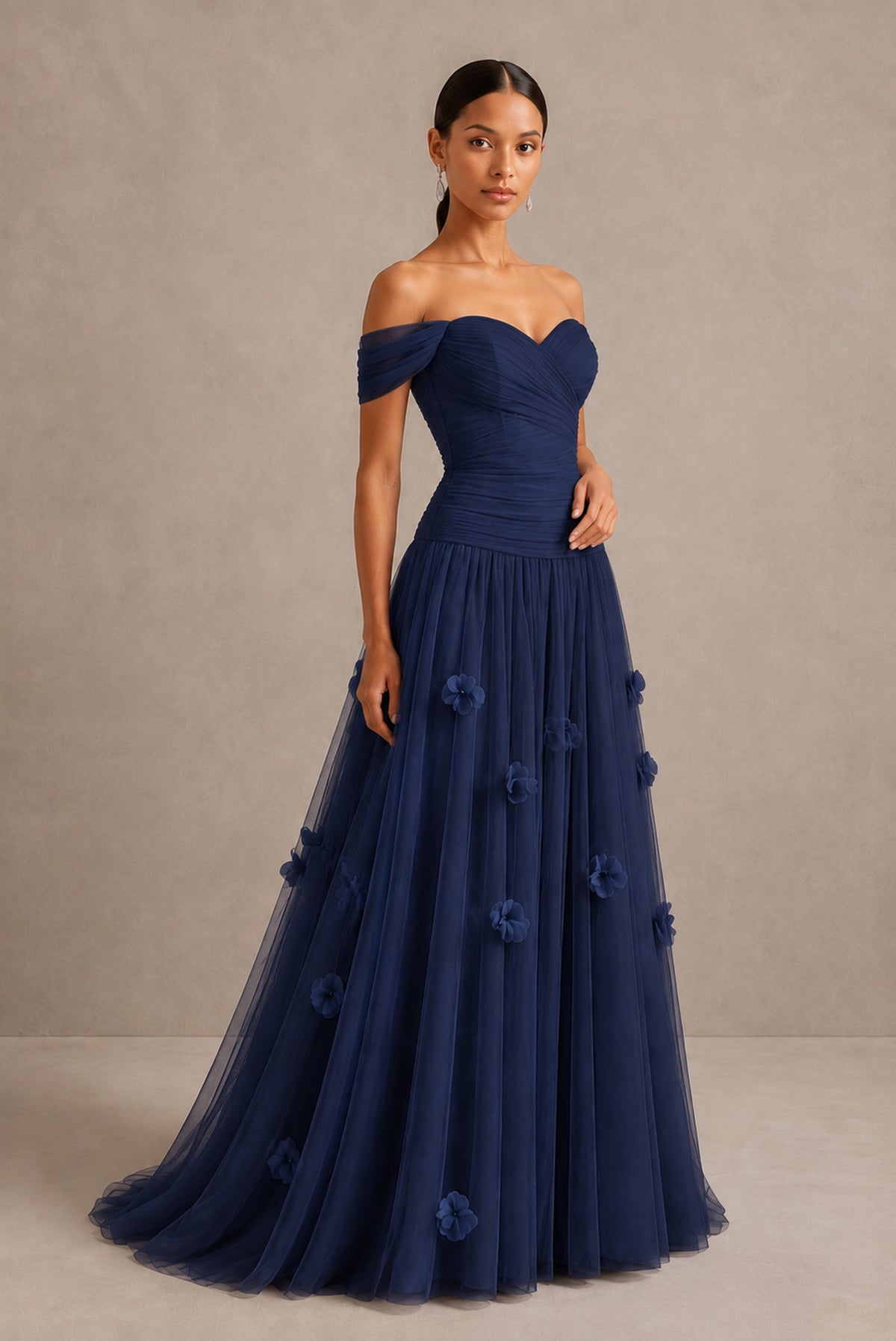 Navy Blue Off-Shoulder Sweetheart A-Line Tulle Gown with 3D Floral Appliques | BOLODOO - Navy Blue