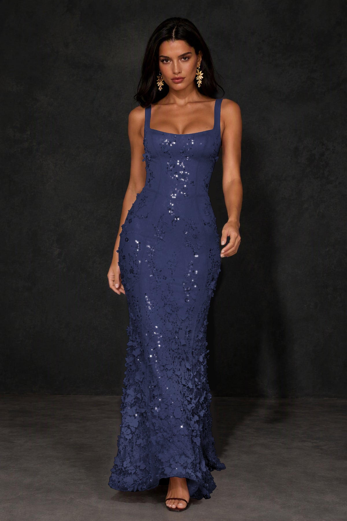 BOLODOO Navy Blue Sequin 3D Floral Mermaid Maxi Gown – Lace-Up Back Formal Dress - Navy Blue