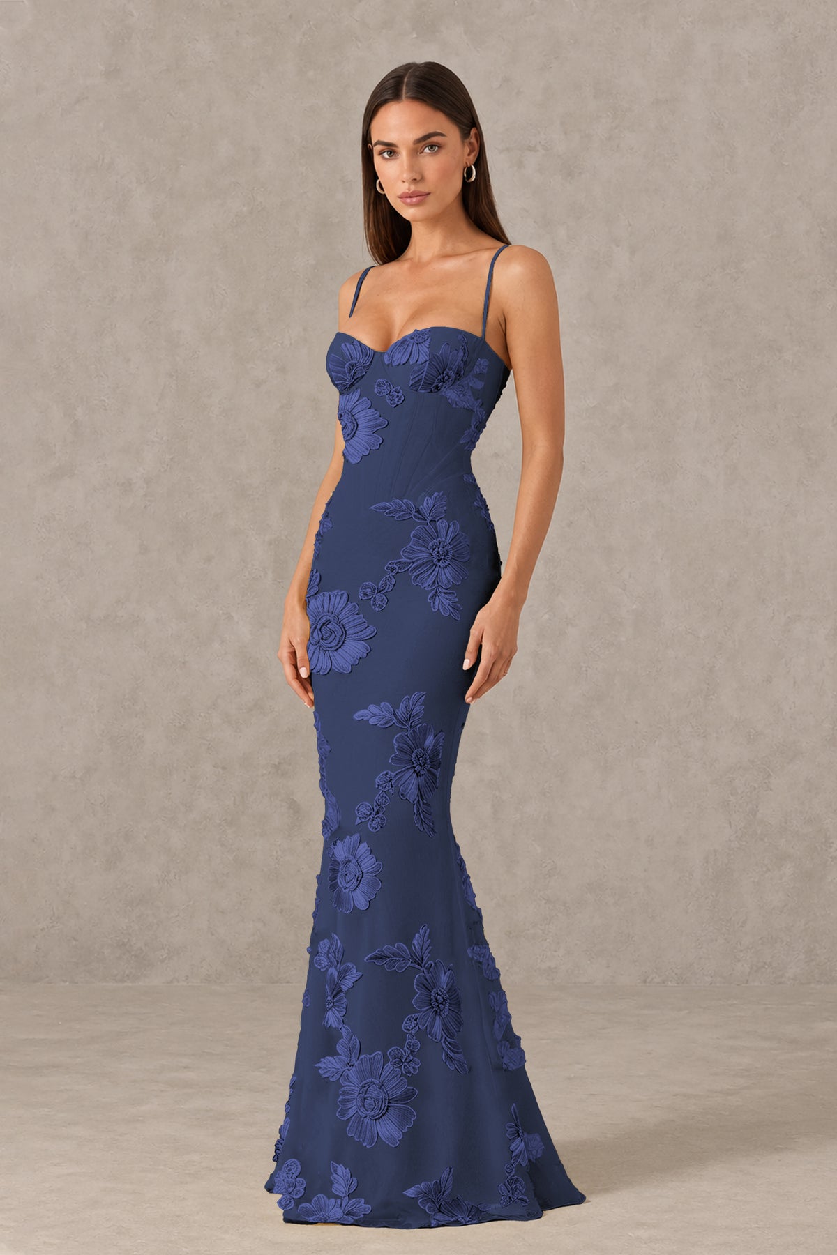 BOLODOO Navy Blue Floral Lace-Up Back Mermaid Maxi Dress - Navy Blue