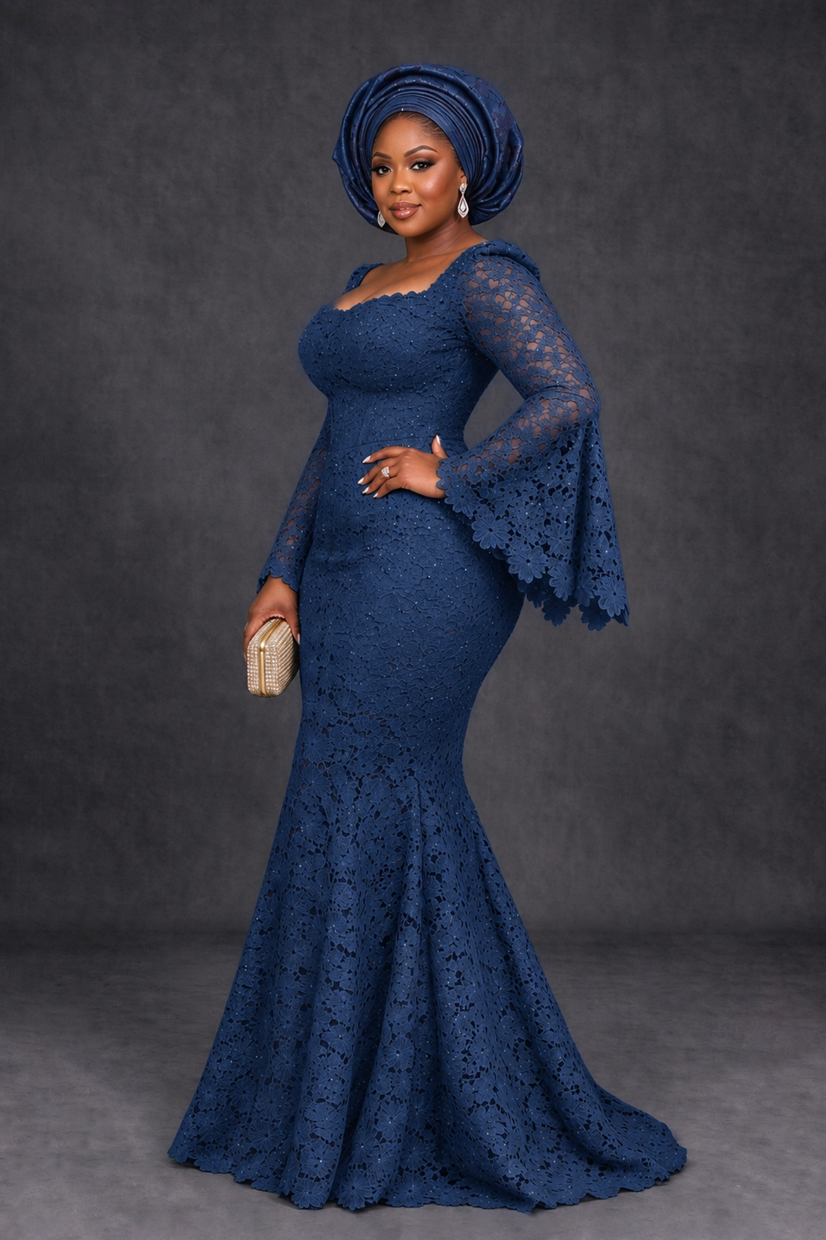 BOLODOO Navy Blue African Lace Mermaid Dress, Plus Size Nigerian Wedding Guest Gown with Bell Sleeves - Navy Blue - Navy Blue_3