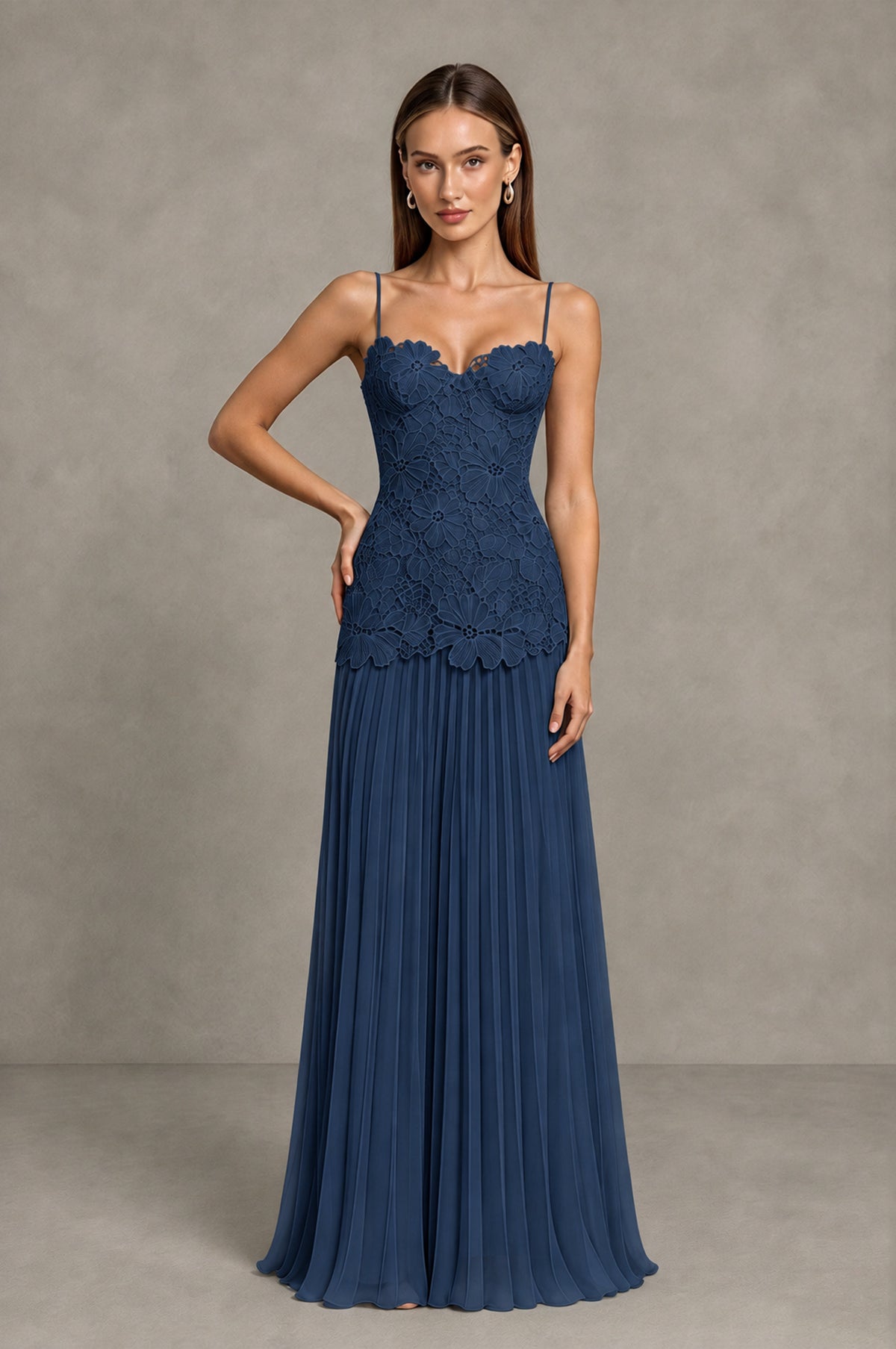 BOLODOO Navy Blue Lace Bodice Pleated Wedding Guest Dress - Navy Blue - Navy Blue_3