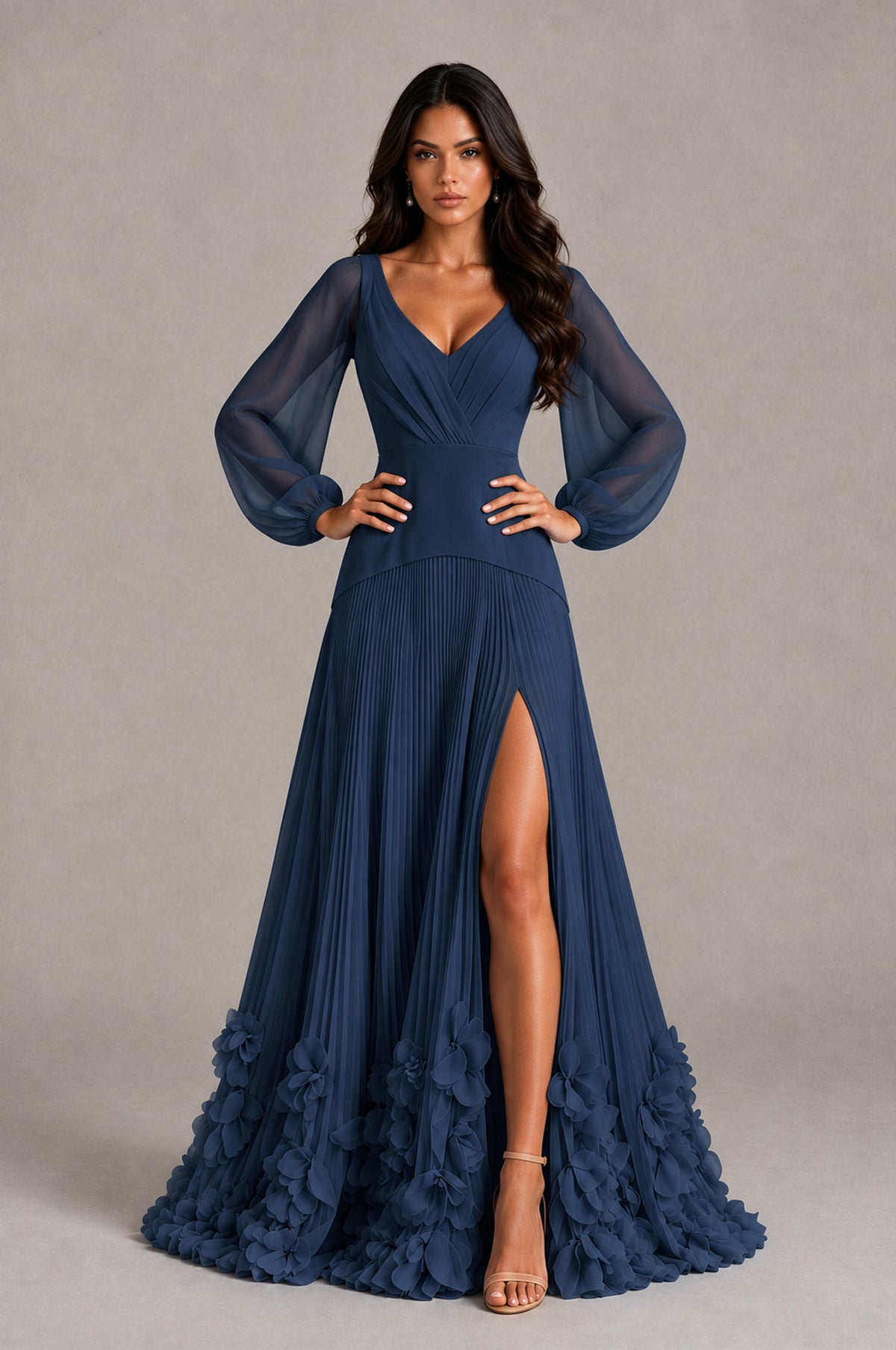 BOLODOO Navy Blue V-Neck Long Sleeve Pleated Floral Hem Evening Dress - Navy Blue - Navy Blue_4
