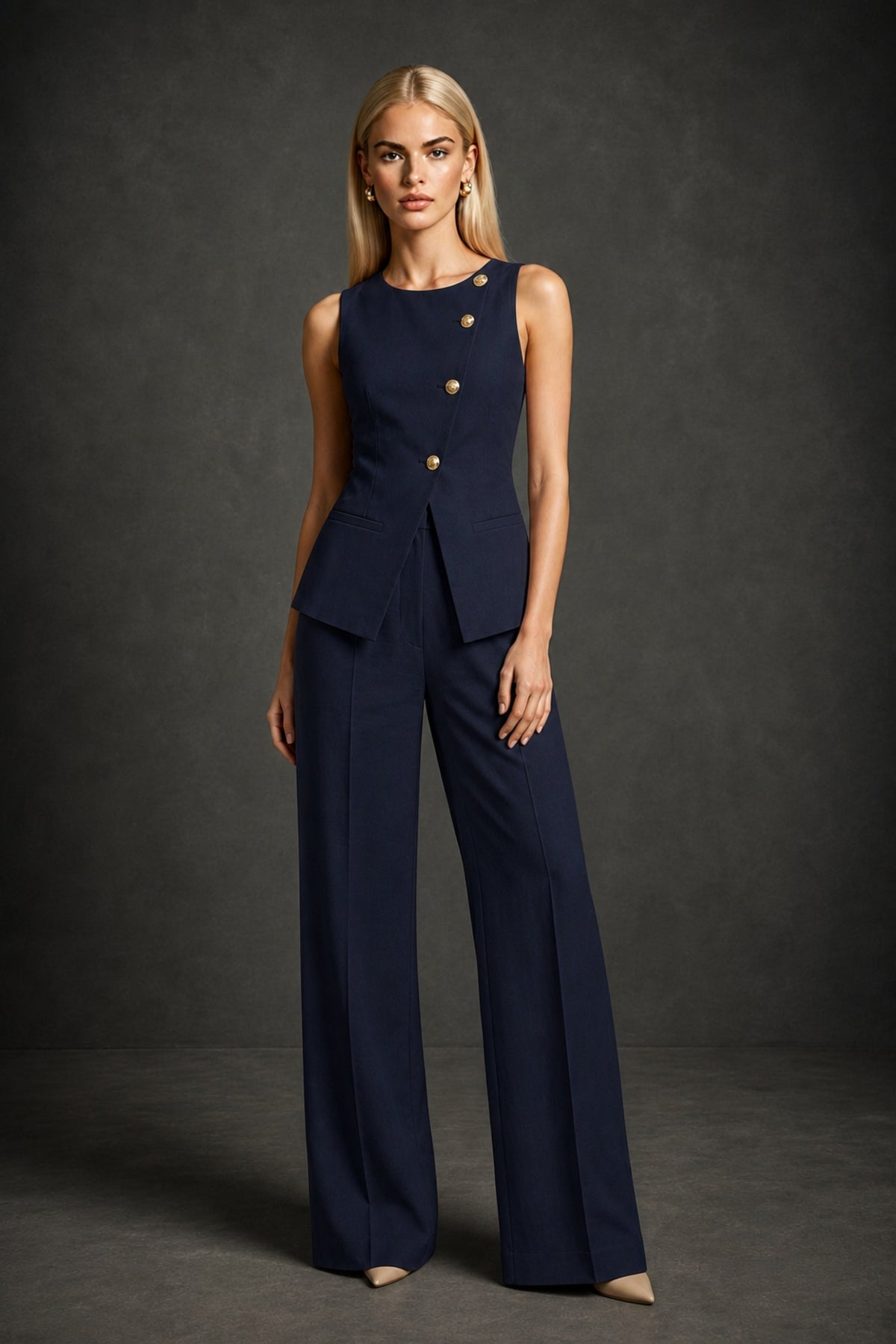 BOLODOO Navy Blue Sleeveless Vest Top & Wide-Leg Trousers Two-Piece Suit Set – Navy Blue Button Asymmetric Formal Set - Navy Blue