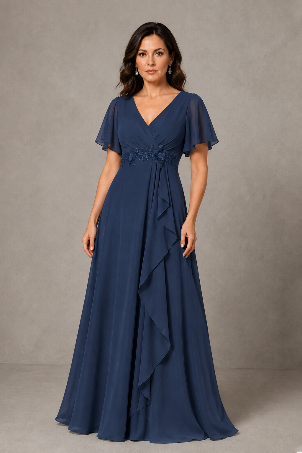 BOLODOO Navy Blue Chiffon V-Neck Flutter Sleeve Floral Applique Cascade Ruffle Lace-Up Back A-Line Maxi Evening Dress - Navy Blue