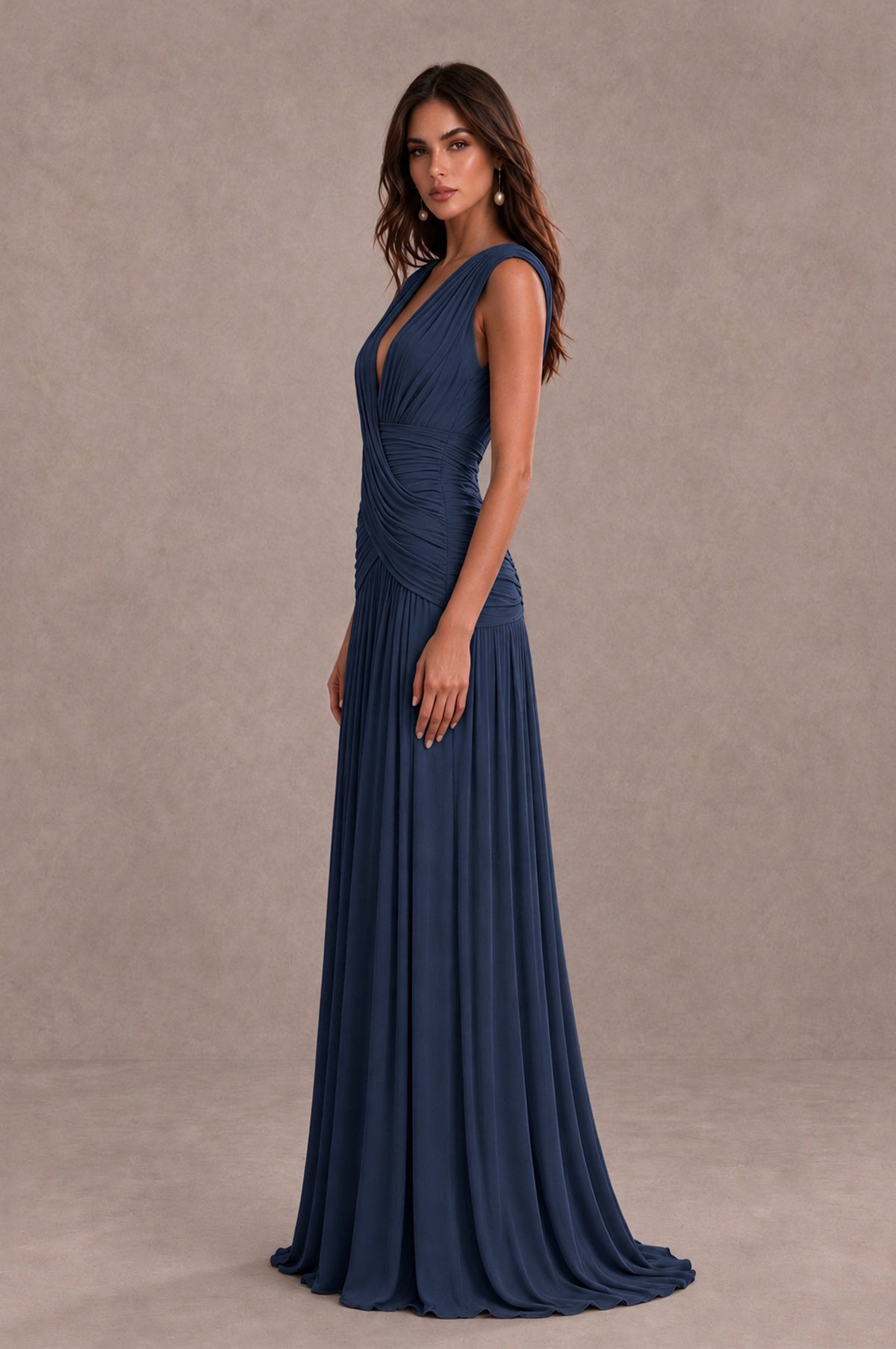 BOLODOO Navy Blue V-Neck Ruched Wedding Guest Dress - Navy Blue - Navy Blue_4
