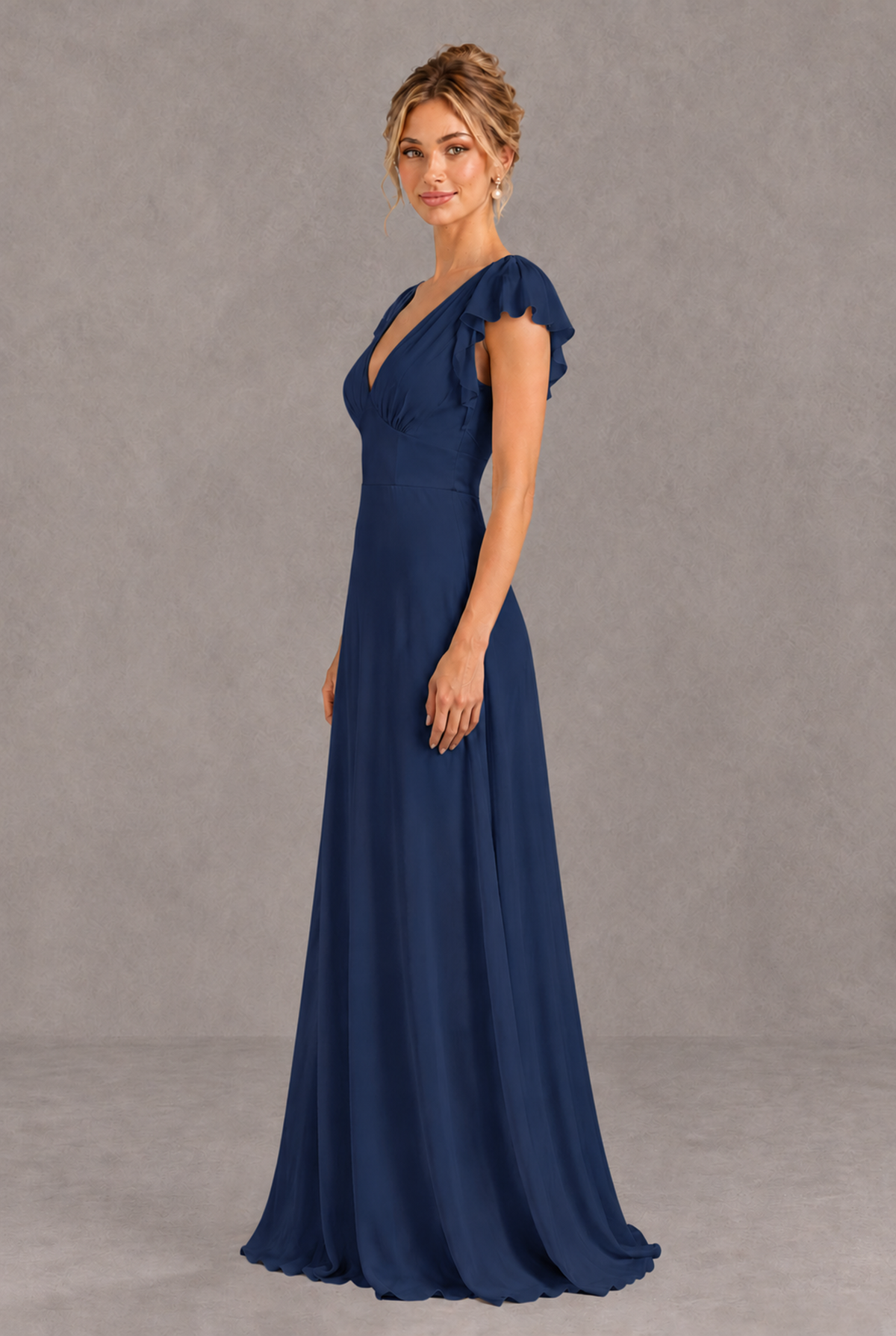 BOLODOO Navy Blue V-Neck Flutter Sleeve A-Line Bridesmaid Dress - Navy Blue - Navy Blue_4