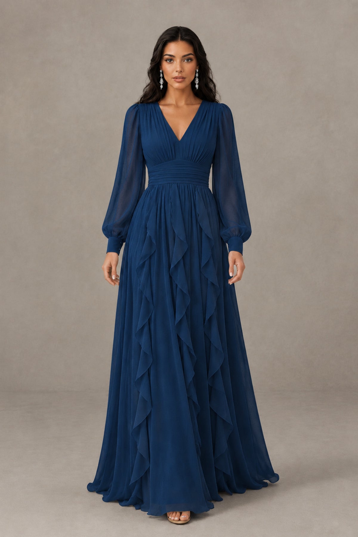 BOLODOO Navy Blue Long Sleeve V-Neck Ruffle Maxi Dress - Navy Blue