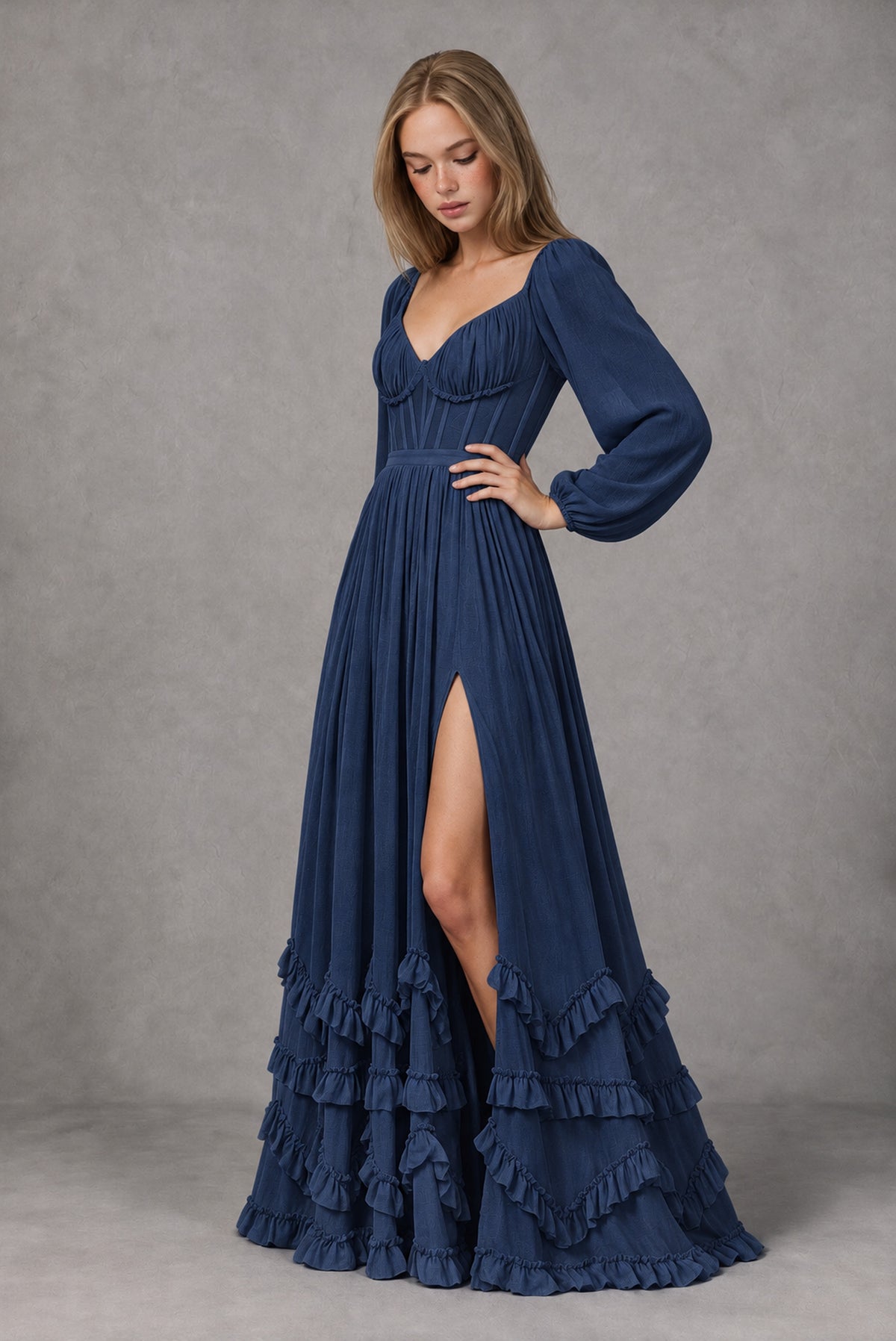 Navy Blue Long-Sleeve Ruffle Maxi Dress with Lace-Up Back and Slit - Navy Blue