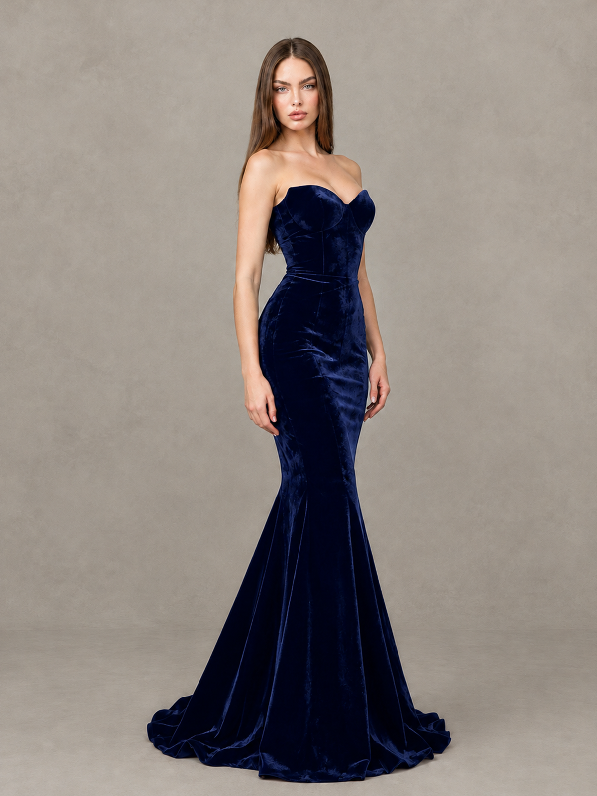 BOLODOO Navy Blue Strapless Sweetheart Velvet-Look Mermaid Evening Dress - Navy Blue - Navy Blue_4