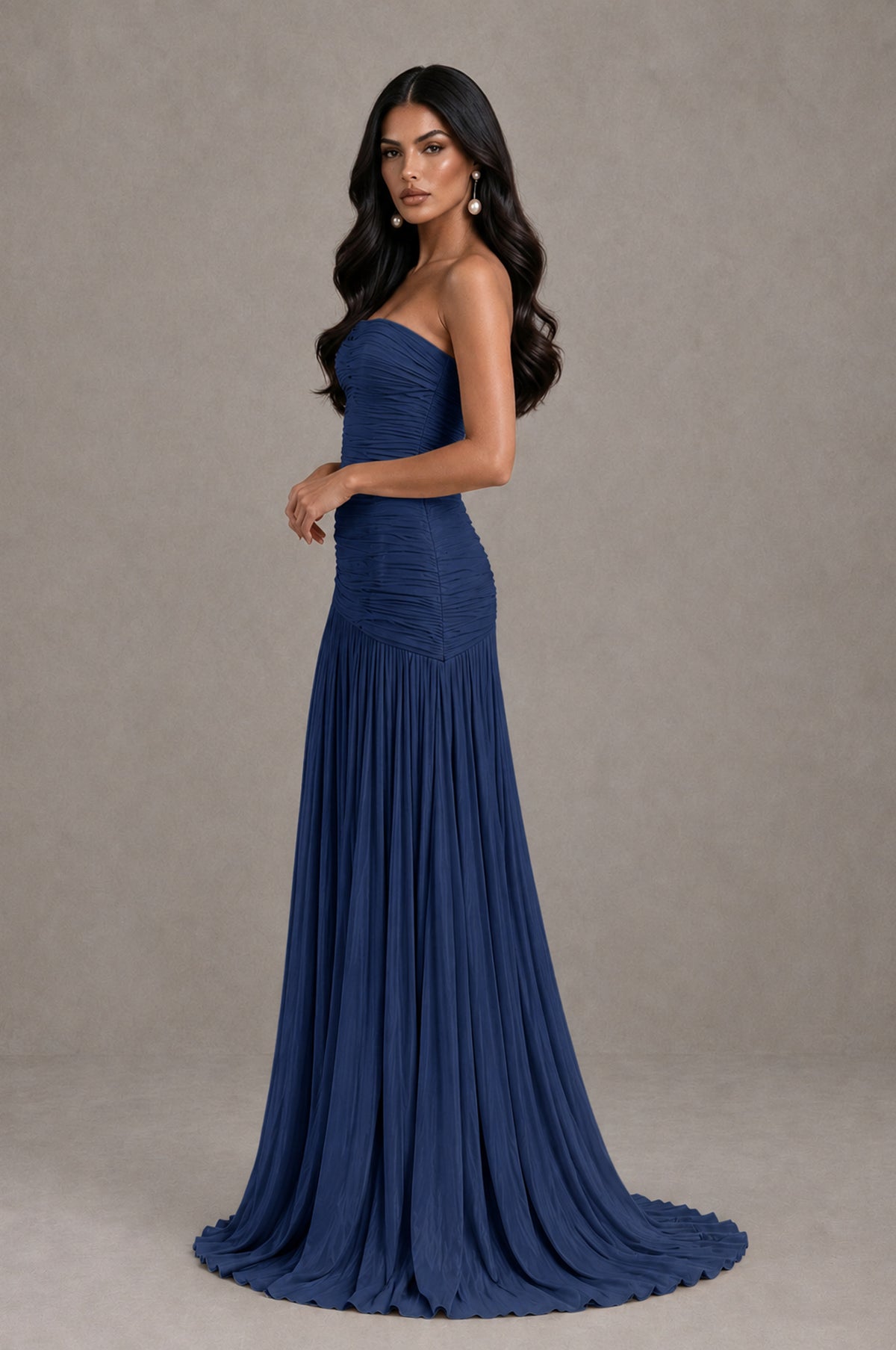 BOLODOO Navy Blue Metallic Ruched Strapless Pleated A-Line Backless Maxi Dress with Train - Navy Blue - Navy Blue_4