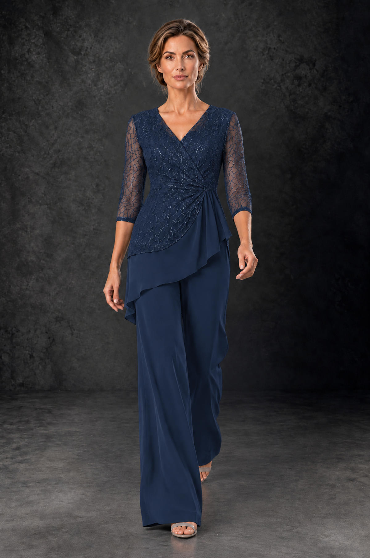 BOLODOO Navy Blue Sequin Lace 3/4 Sleeve Chiffon Mother of the Bride Pant Suit - Navy Blue - Navy_Blue_4