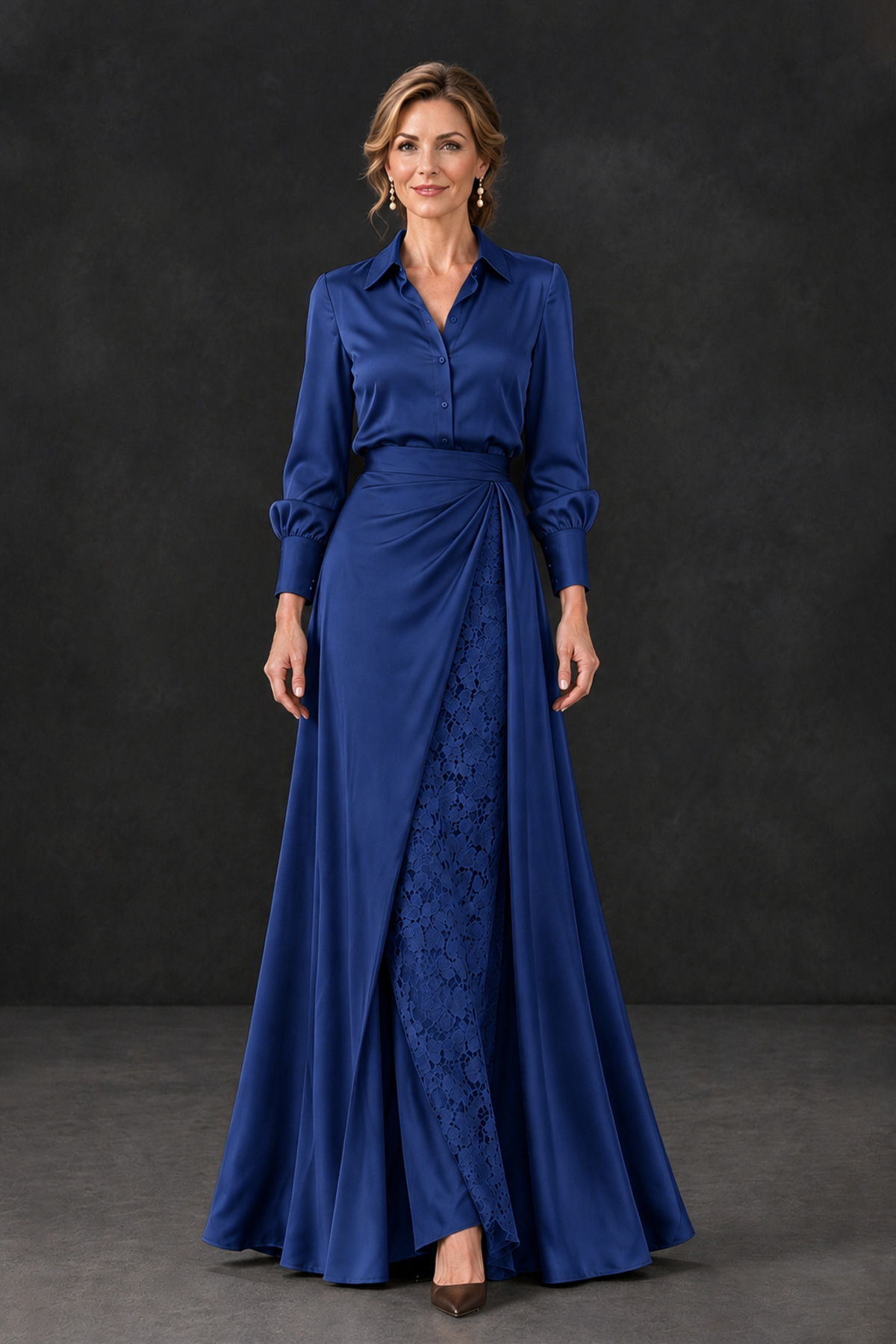 BOLODOO Navy Blue Long Sleeve Satin-Look Lace Panel Gown - Navy Blue - Navy Blue_4