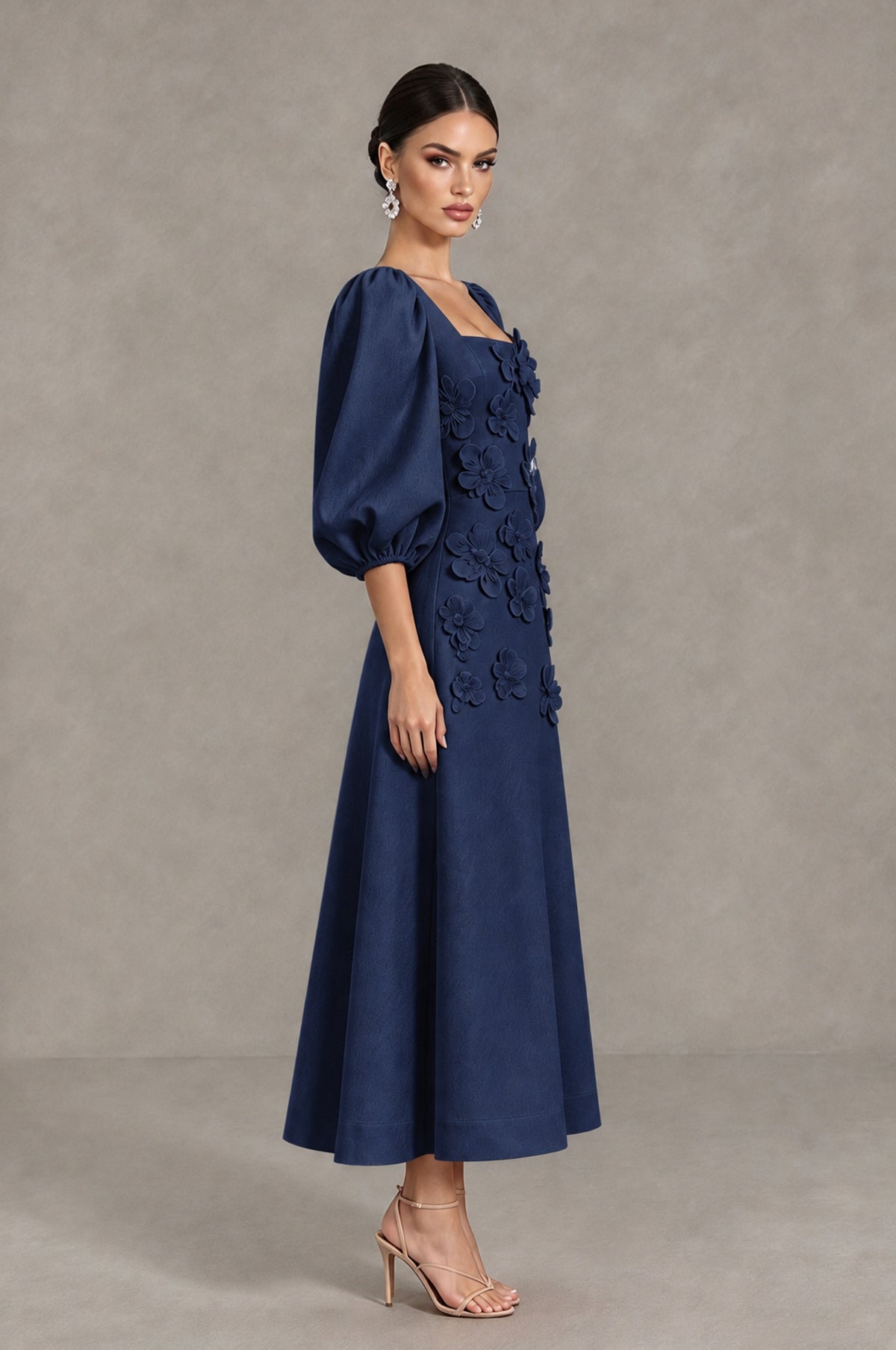 BOLODOO Navy Blue 3D Floral Puff Sleeve Midi Cocktail Dress - Navy Blue - Navy Blue_4