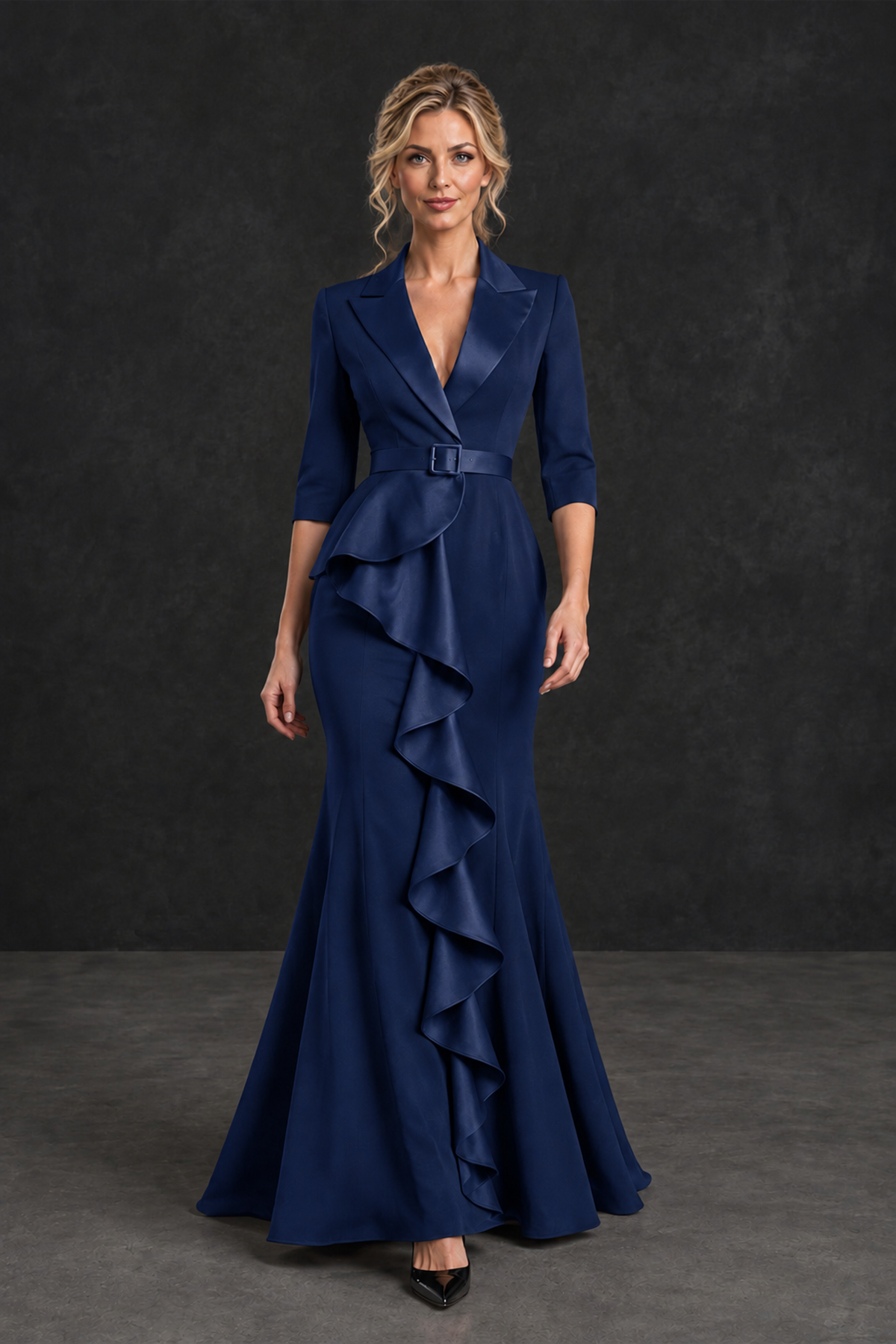 BOLODOO Navy Blue Lapel Ruffle Mother of the Bride Dress with Belt - Navy Blue - Navy Blue_4