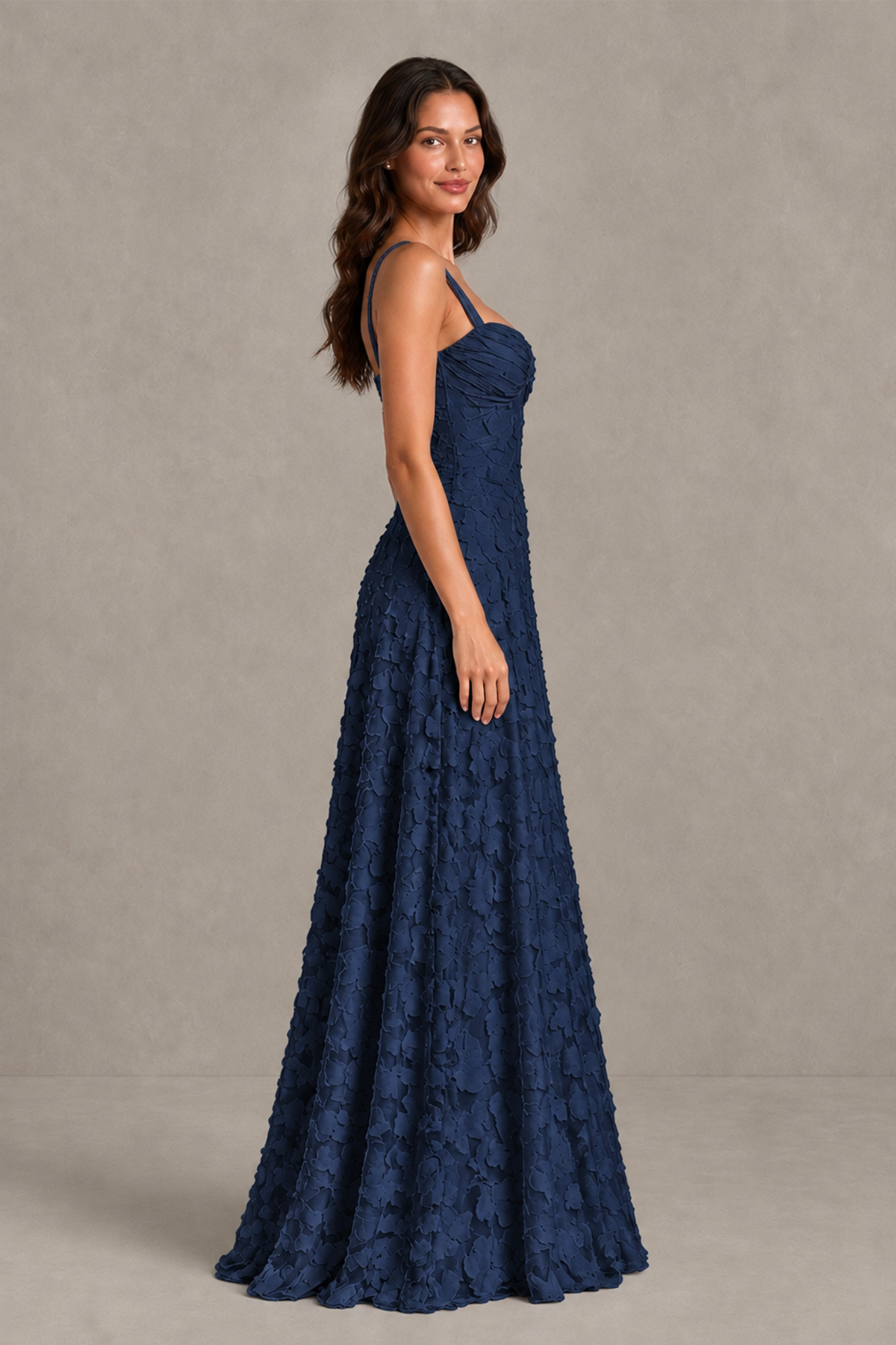 BOLODOO Navy Blue Floral-Textured A-Line Dress with Lace-Up Back - Navy Blue - Navy Blue_4