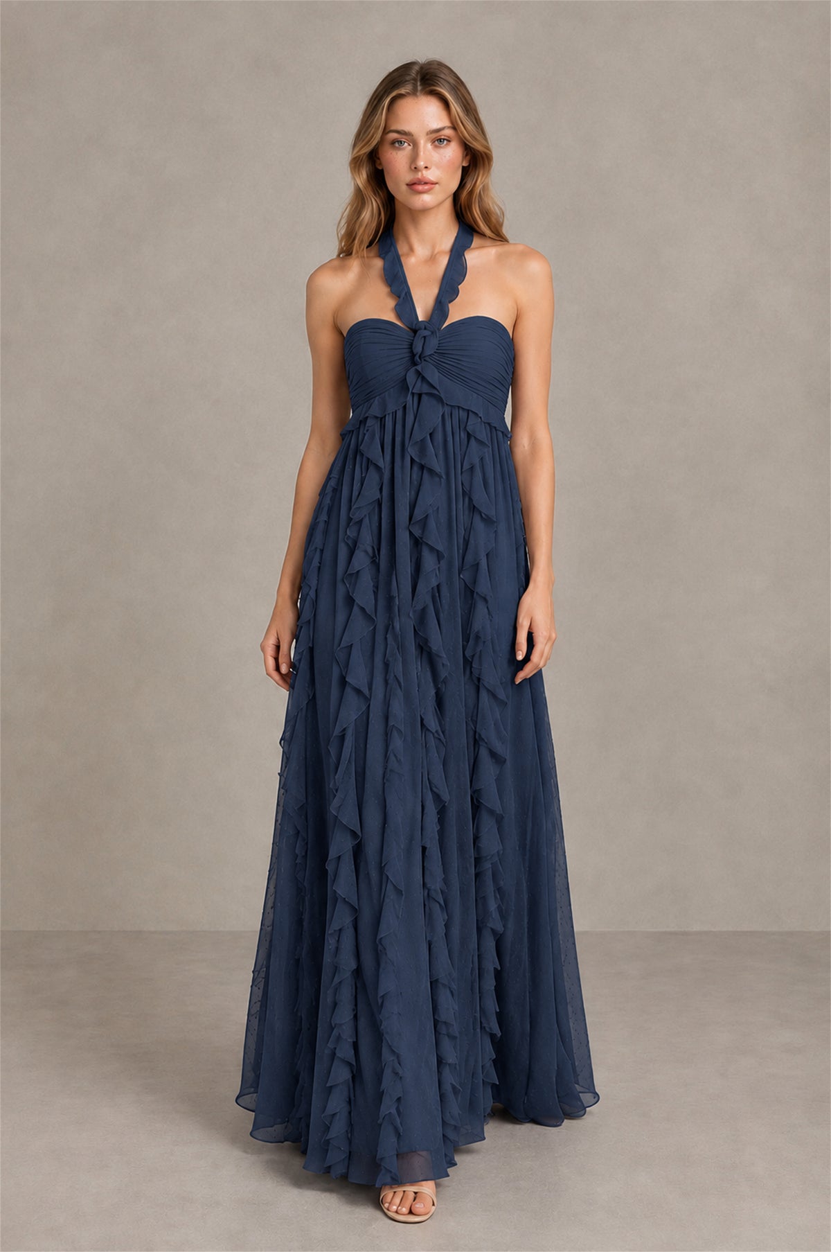 BOLODOO Navy Blue Halter Ruffle A-Line Floor-Length Evening Dress - Navy Blue - Navy_Blue_4