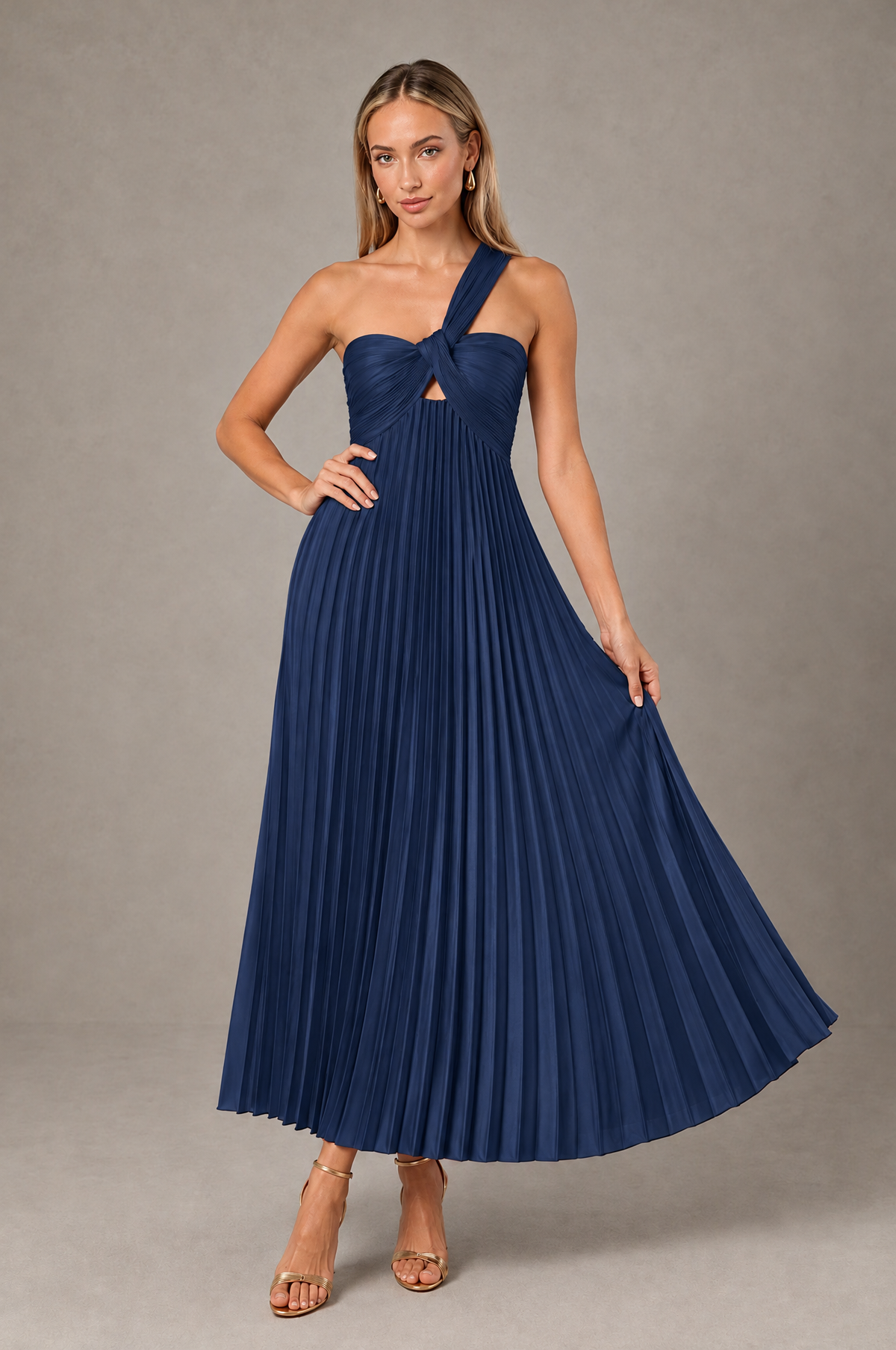 BOLODOO Navy Blue One-Shoulder Twist Knot Pleated Satin Midi Dress with Cutout - Navy Blue - Navy_Blue_4