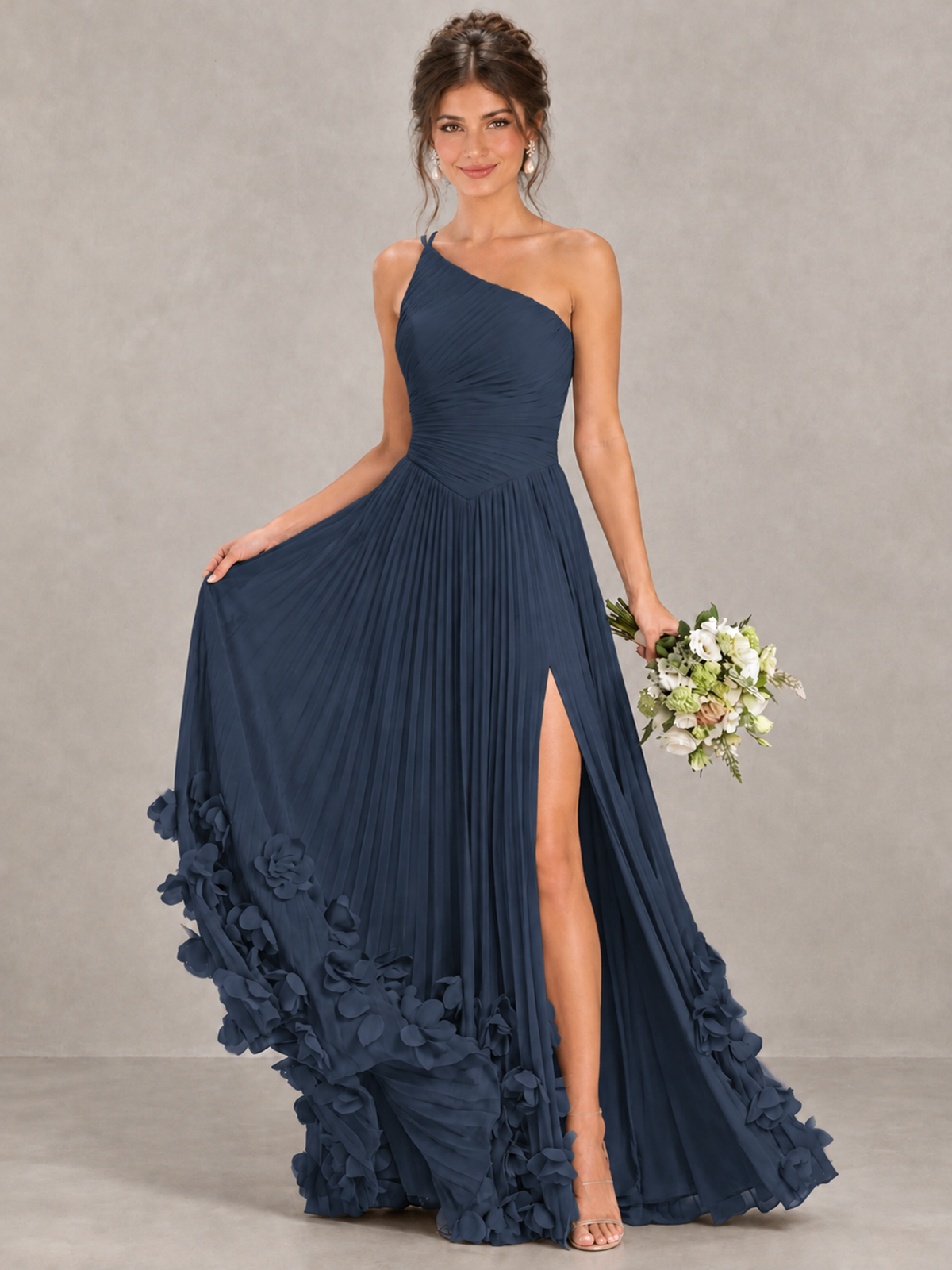BOLODOO Navy Blue One-Shoulder Pleated Bridesmaid Dress with 3D Floral Hem - Navy Blue - Navy Blue_4