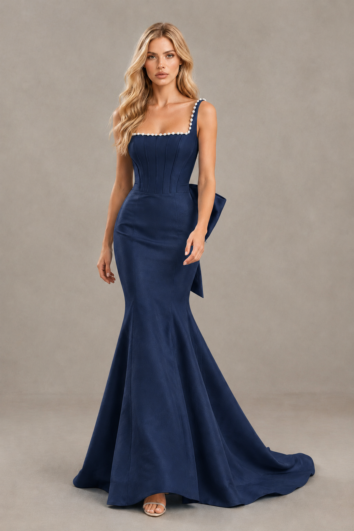 BOLODOO Navy Blue Pearl-Trim Mermaid Prom Dress with Back Bow - Navy Blue - Navy_Blue_4