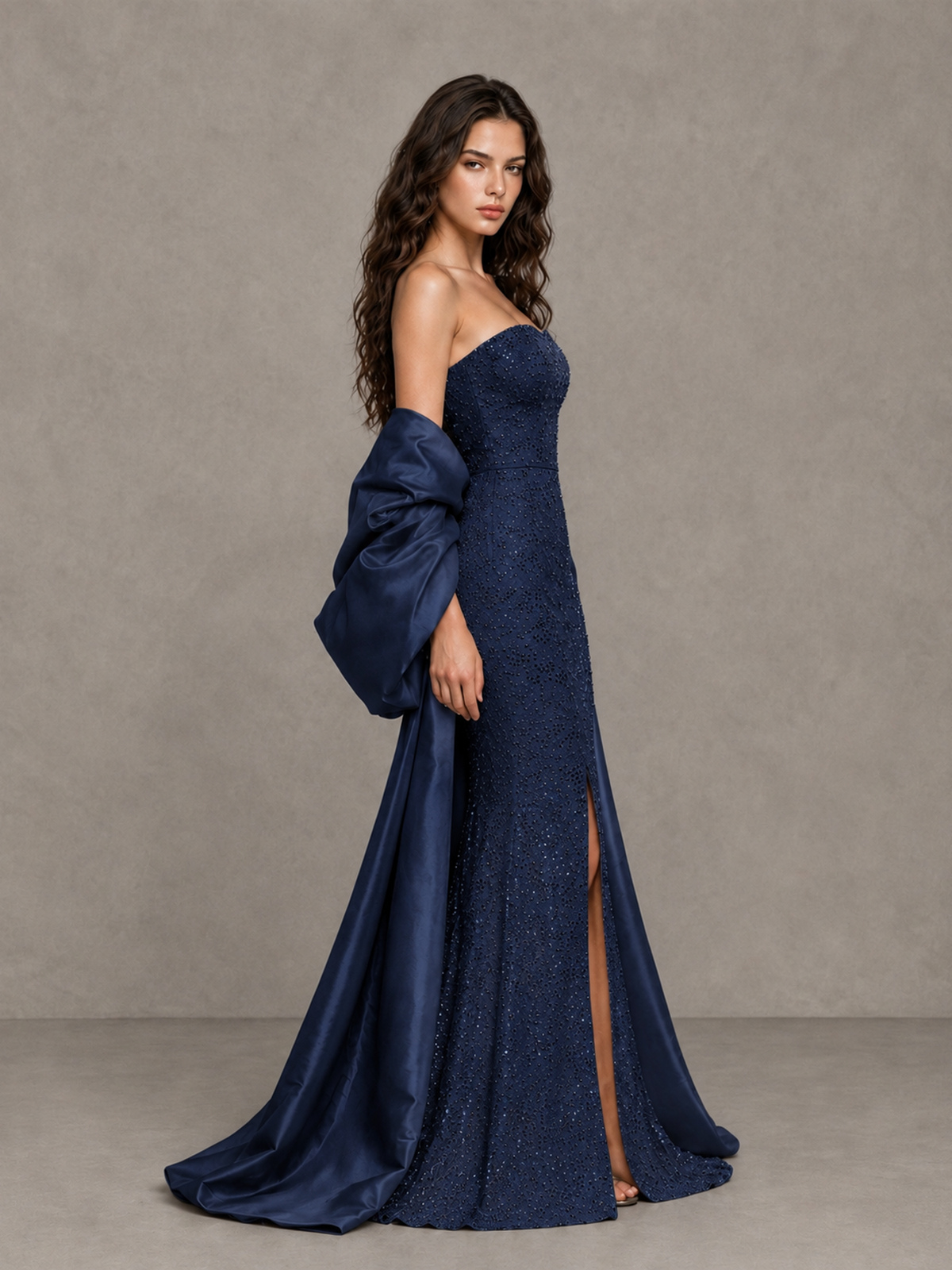 BOLODOO Navy Blue Strapless Sparkle Mermaid Prom Dress with Front Slit and Draped Sleeves - Navy Blue - Navy Blue_4