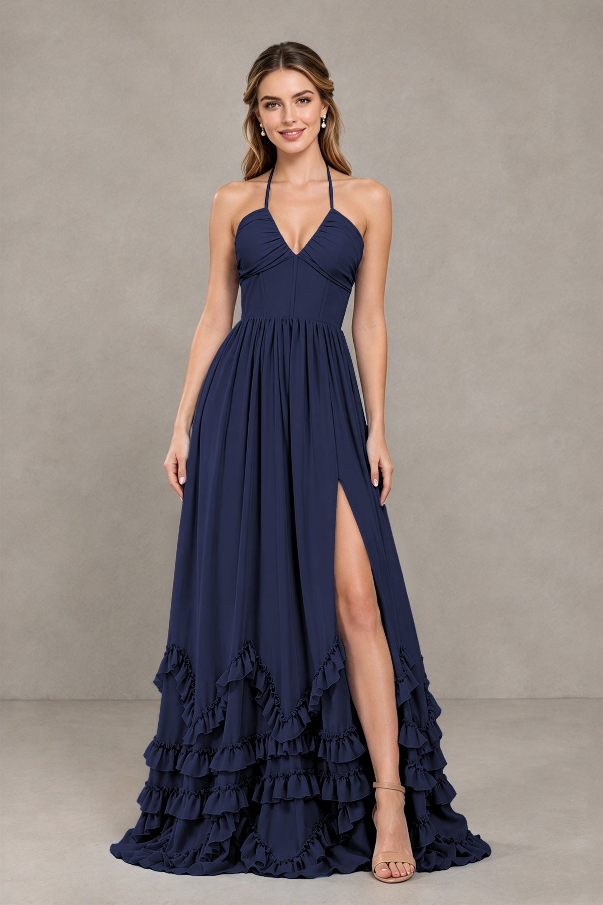 BOLODOO Navy Blue Halter Ruffle Hem A-Line Bridesmaid Dress with High Slit - Navy Blue - Navy Blue(4)