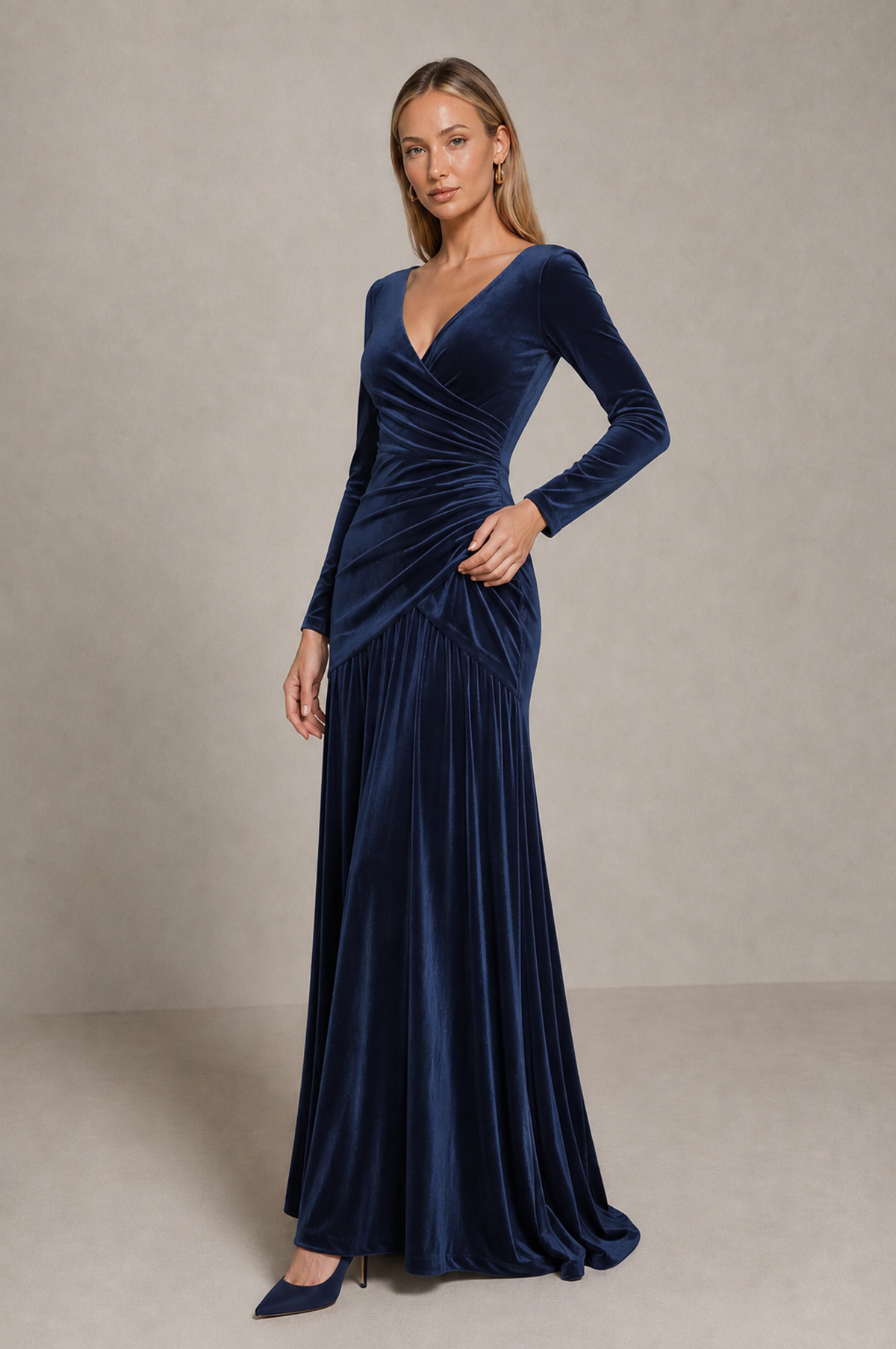 BOLODOO Navy Blue Velvet Long Sleeve V-Neck Ruched Evening Dress - Navy Blue - Navy_Blue_4