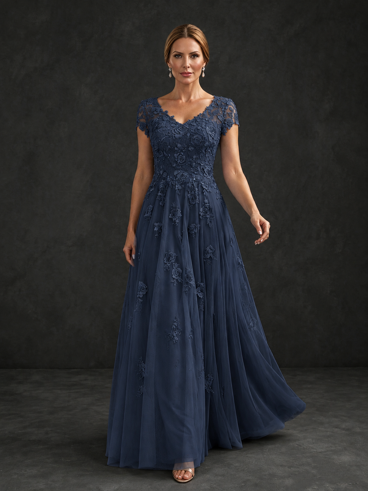 BOLODOO Navy Blue Cap Sleeve Lace Appliqué A-Line Formal Gown | Mother of the Bride Dress - Navy Blue - Navy Blue_4