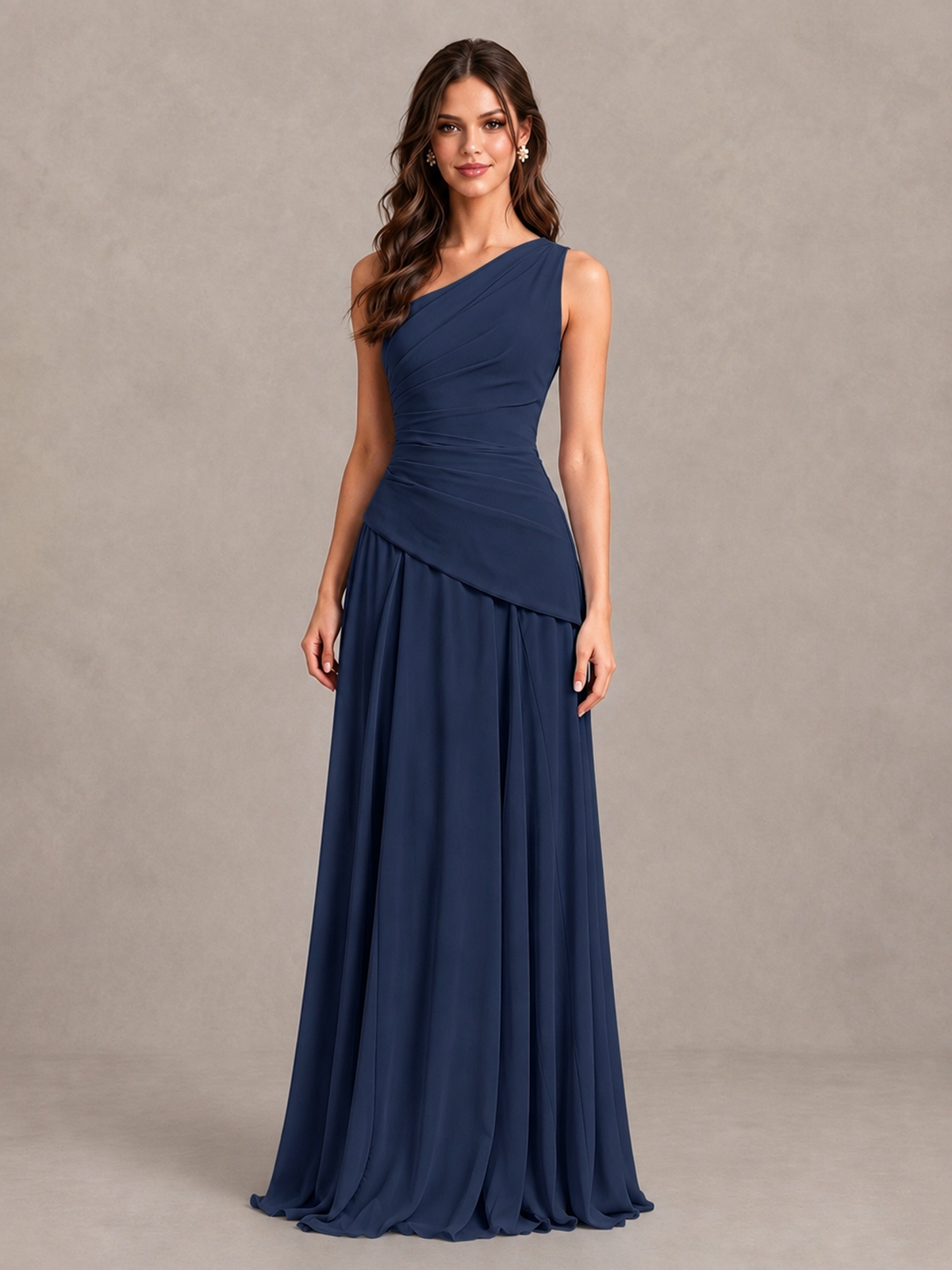 BOLODOO Navy Blue One-Shoulder Lace-Up Back Bridesmaid Dress - Navy Blue - Navy Blue_4
