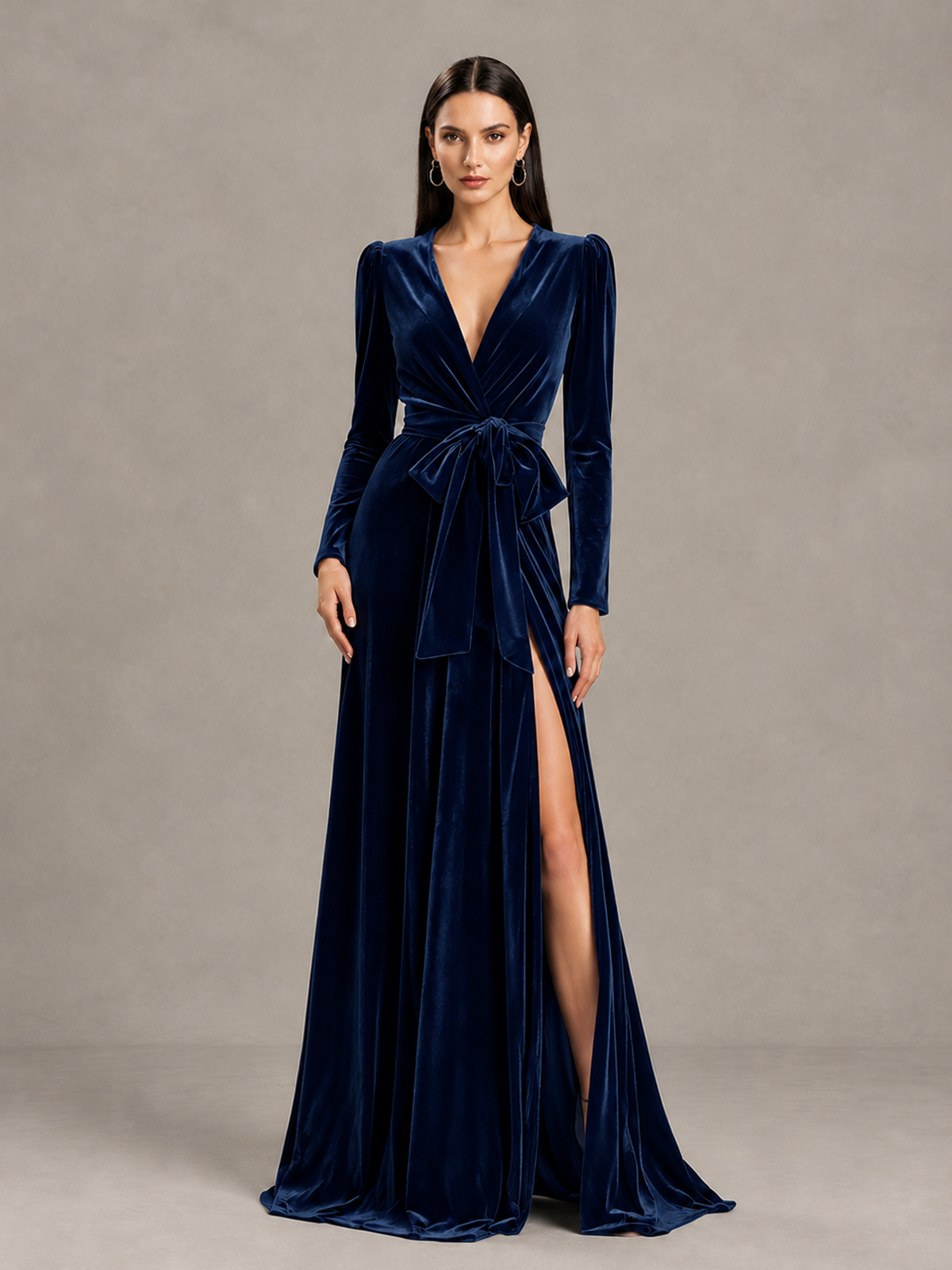 BOLODOO Navy Blue Long Sleeve Velvet-Look Evening Dress with High Slit - Navy Blue - Navy Blue_4