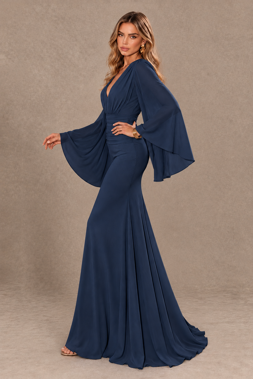 BOLODOO Navy Blue Cape Sleeve V-Neck Ruched Chiffon Evening Dress - Navy Blue - Navy Blue_4
