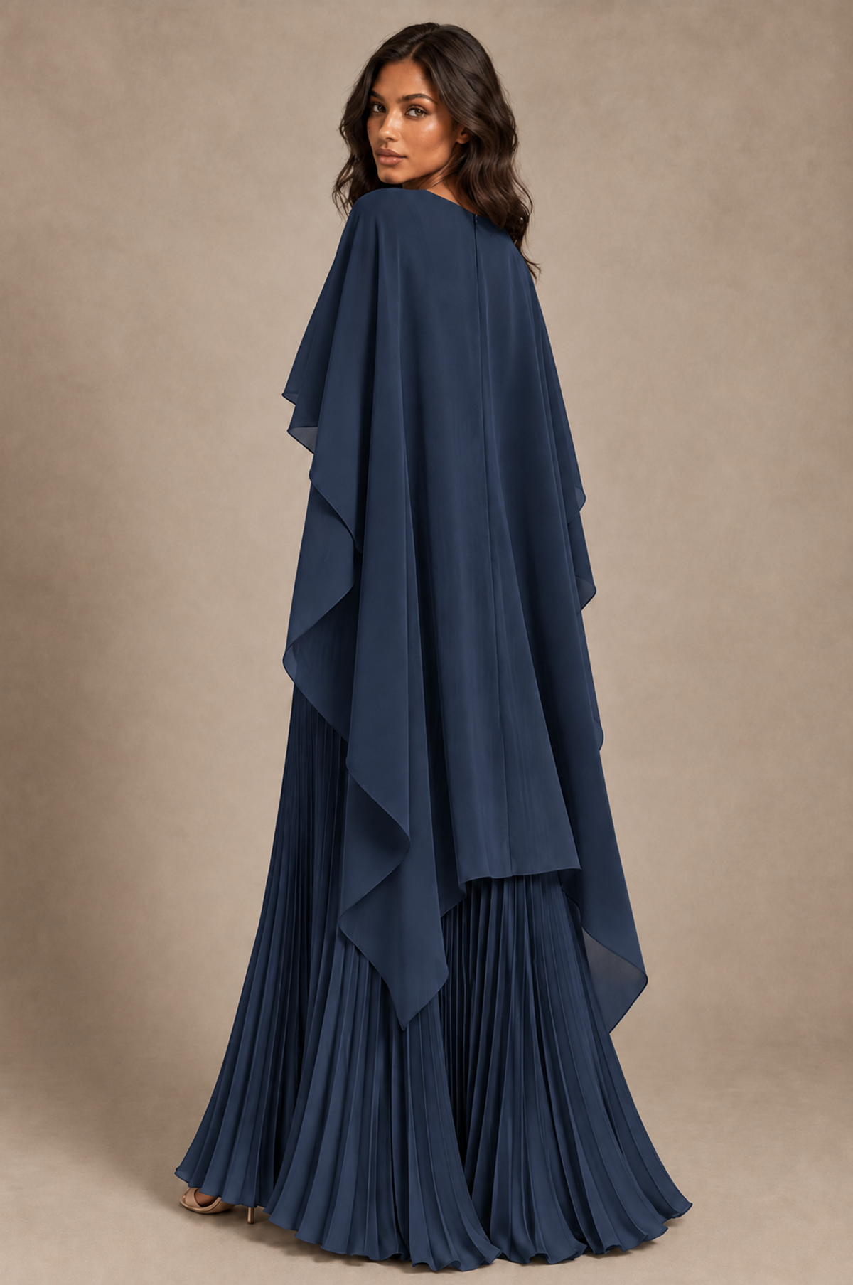 BOLODOO Navy Blue Pleated Cape A-Line Evening Dress - Navy Blue - Navy_Blue_4