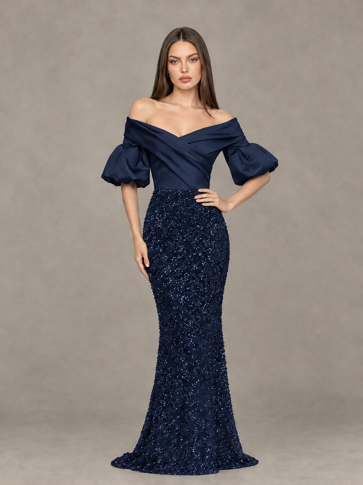 BOLODOO Navy Blue Off-Shoulder Puff Sleeve Sequin Mermaid Evening Dress - Navy Blue - Navy Blue_4