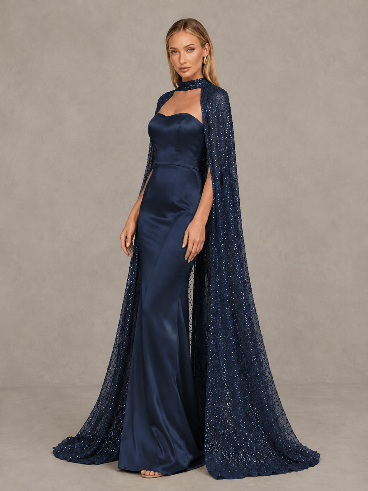 BOLODOO Navy Blue Strapless Satin-Look Evening Gown with Sequin Cape - Navy Blue - Navy_Blue_4