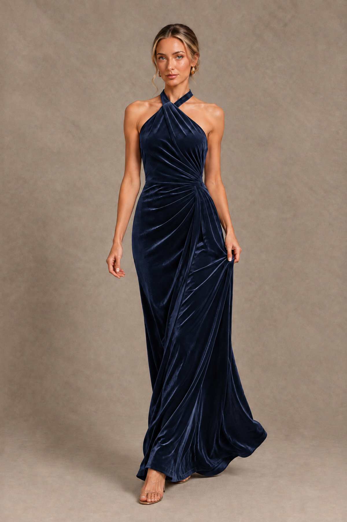 BOLODOO Navy Blue Velvet Halter Open-Back Ruched Evening Dress - Navy Blue - Navy_Blue_4