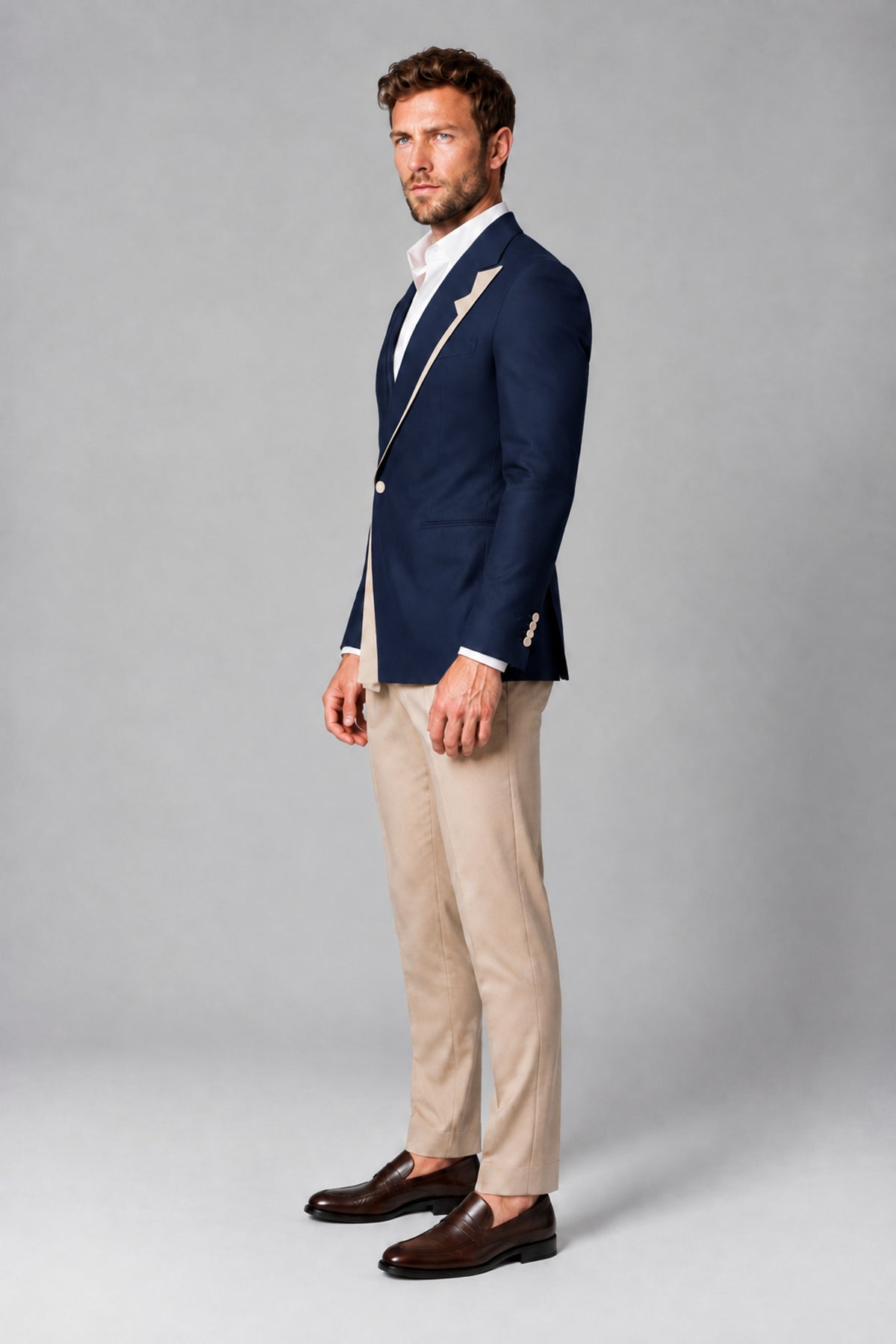 BOLODOO Men's Navy Blue Double-Breasted Blazer & Khaki Trousers Tuxedo 2-Piece Suit Set - Navy Blue - Navy Blue_4