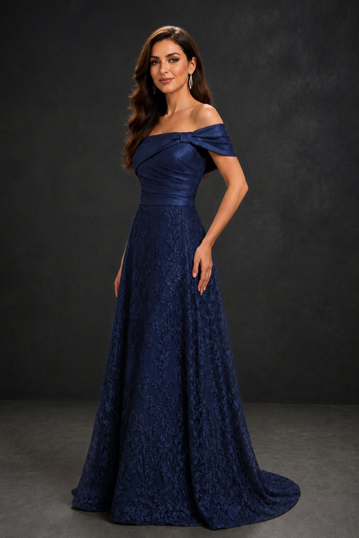 BOLODOO Navy Blue Lace Glitter Off Shoulder Cap Sleeve A-Line Ball Gown with Train – Formal Evening Dress - Navy Blue