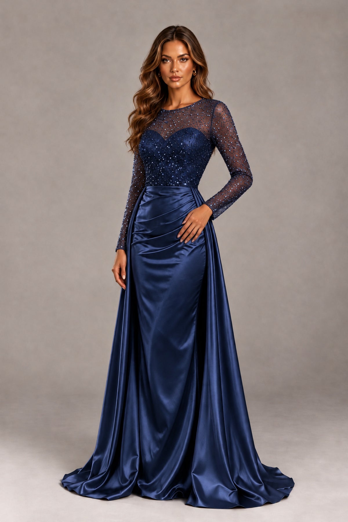 BOLODOO Navy Blue Long Sleeve Embellished Satin Evening Gown with Sweep Train - Navy Blue - Navy Blue_4