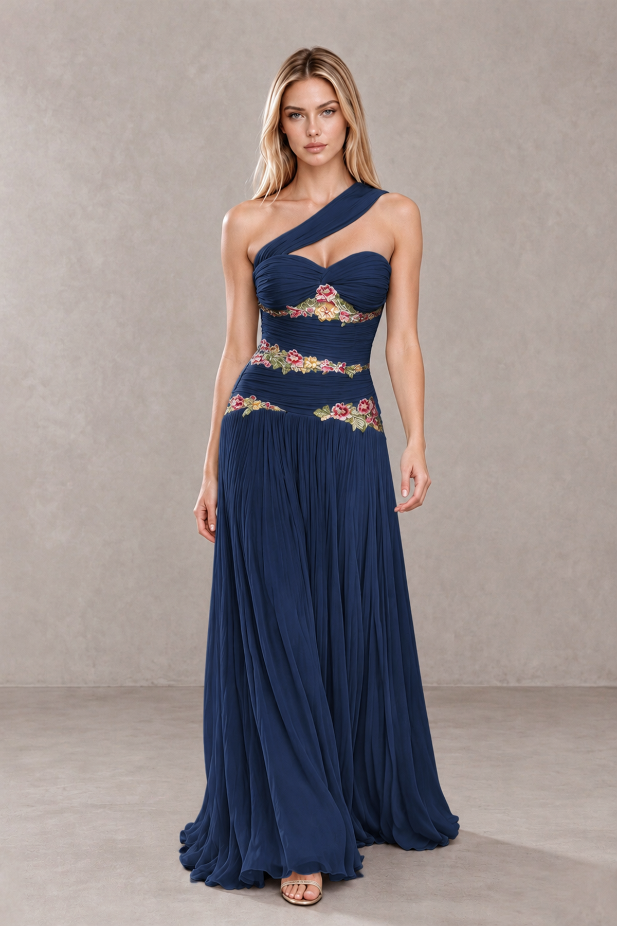 BOLODOO Navy Blue One-Shoulder Floral Applique A-Line Evening Dress - Navy Blue - Navy Blue_4