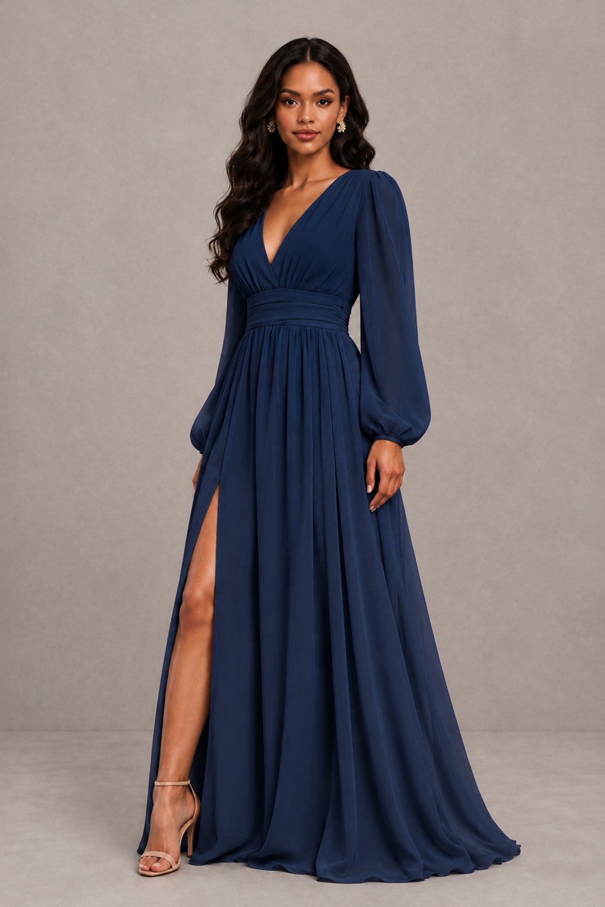 BOLODOO Navy Blue Long Sleeve V-Neck A-Line Gown with Open Back & Slit - Navy Blue - Navy Blue_4