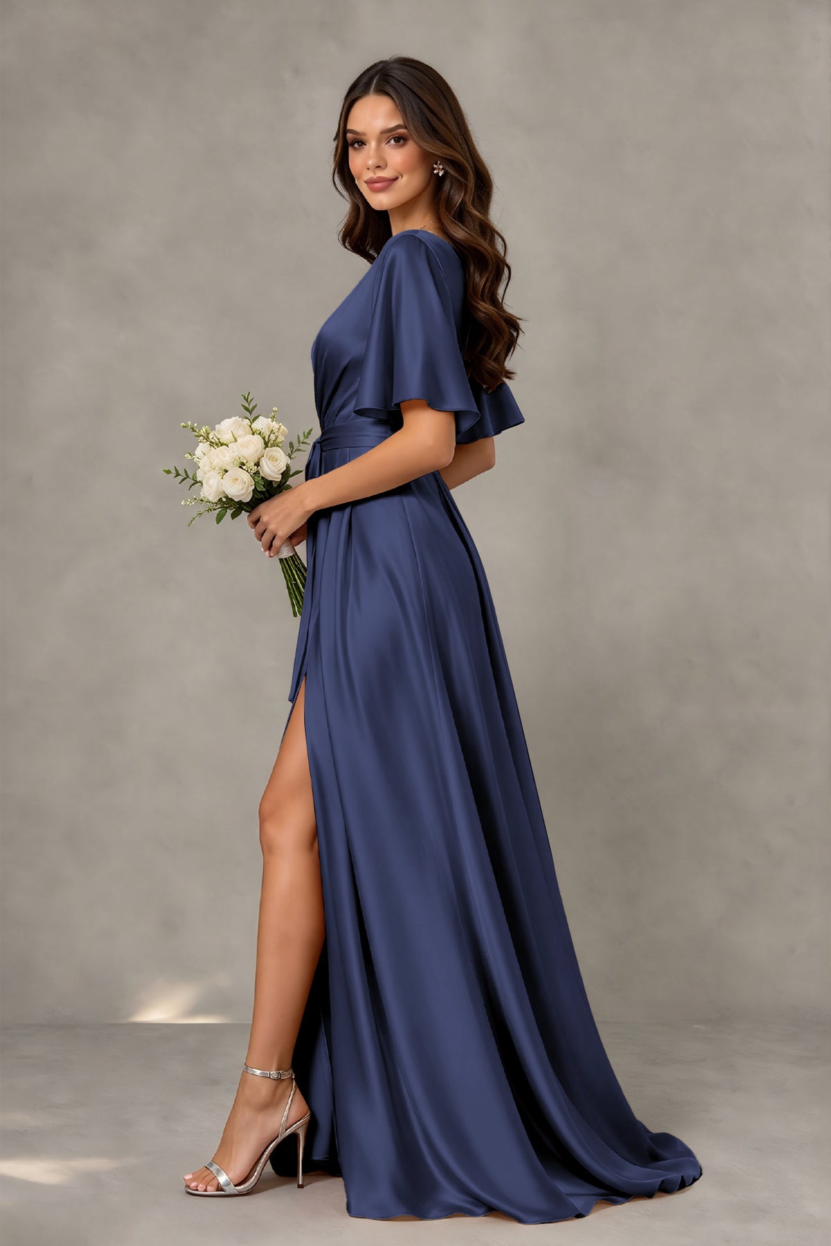 BOLODOO Navy Blue Satin V-Neck Flutter Sleeve Bridesmaid Dress with Slit - Navy Blue - Navy Blue(4)
