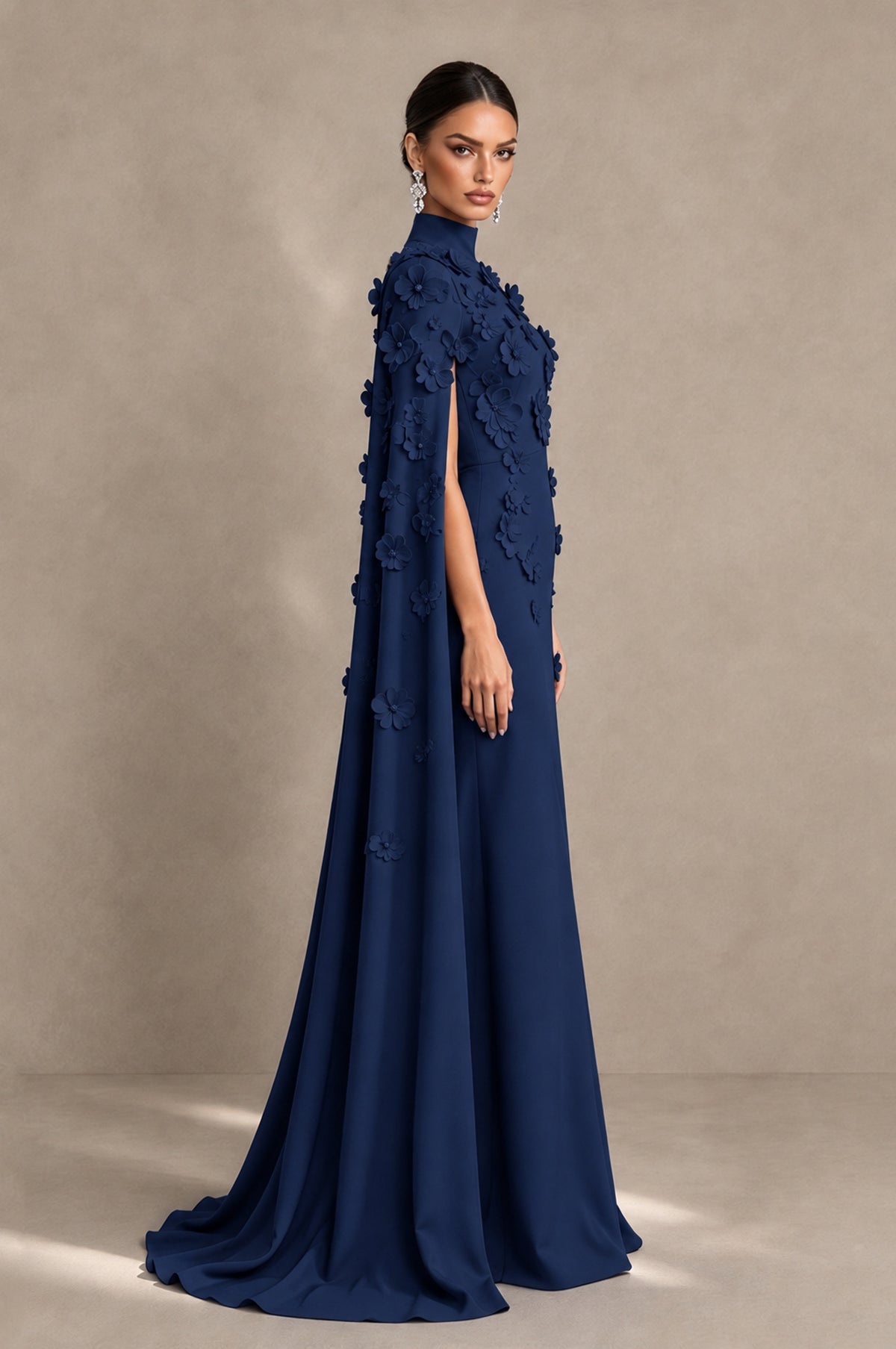 BOLODOO Navy Blue 3D Floral Applique Cape Formal Dress - Navy Blue - Navy Blue_4