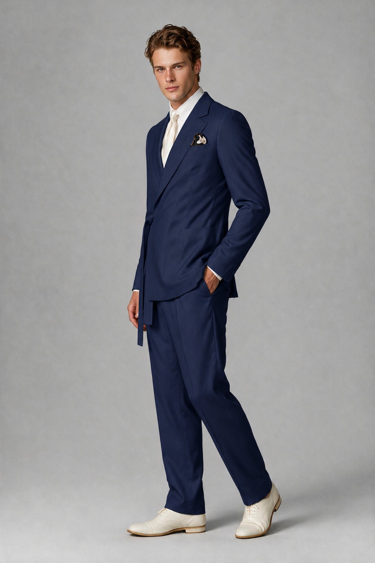 Bolodoo Men's Navy Blue Wrap Tie-Waist Two-Piece Suit – Jacket & Trousers - Navy Blue - Navy Blue_4