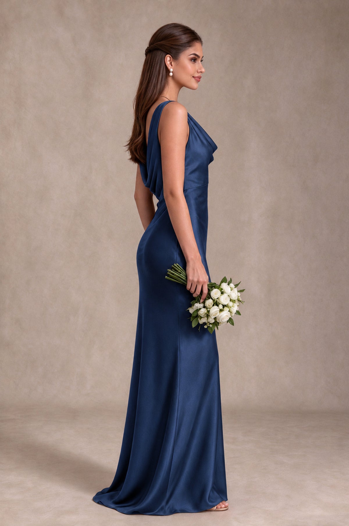 BOLODOO Navy Blue Cowl Neck Open Back Satin Bridesmaid Dress - Navy Blue - Navy Blue_4