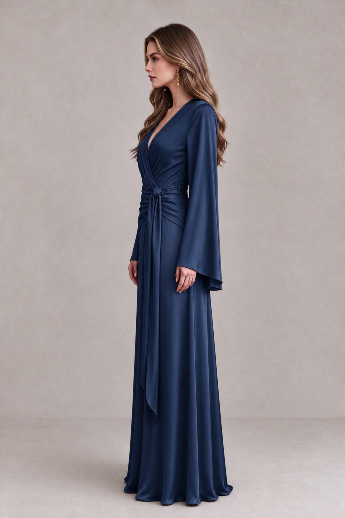BOLODOO Navy Blue Yellow Satin-Look V-Neck Long Bell Sleeve Evening Dress - Navy Blue - Navy_Blue_4